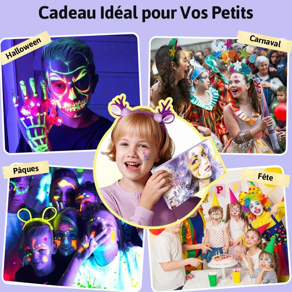 Janolia Palette Maquillage Enfant 34 Couleurs Fluorescents UV Peinture Visage avec 3 Pinceaux Kit Maquillage Carnaval Halloween