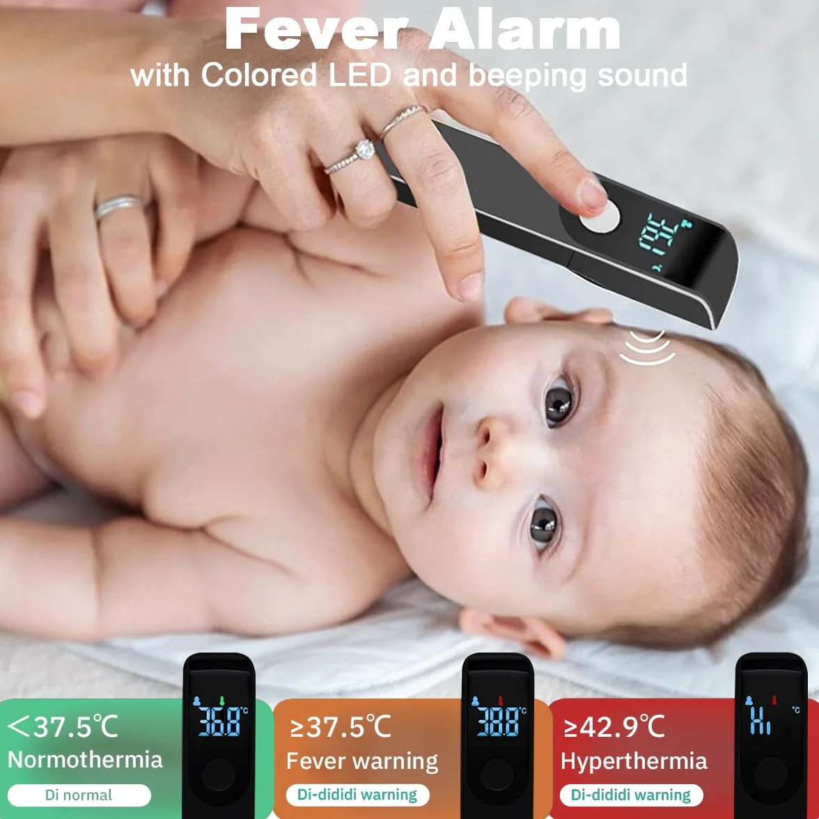 Thermomètre Frontal Infrarouge Sans Contact Bébé et Adultes avec Alerte Fièvre, Écran LCD, Lecture Instantanée, Noir