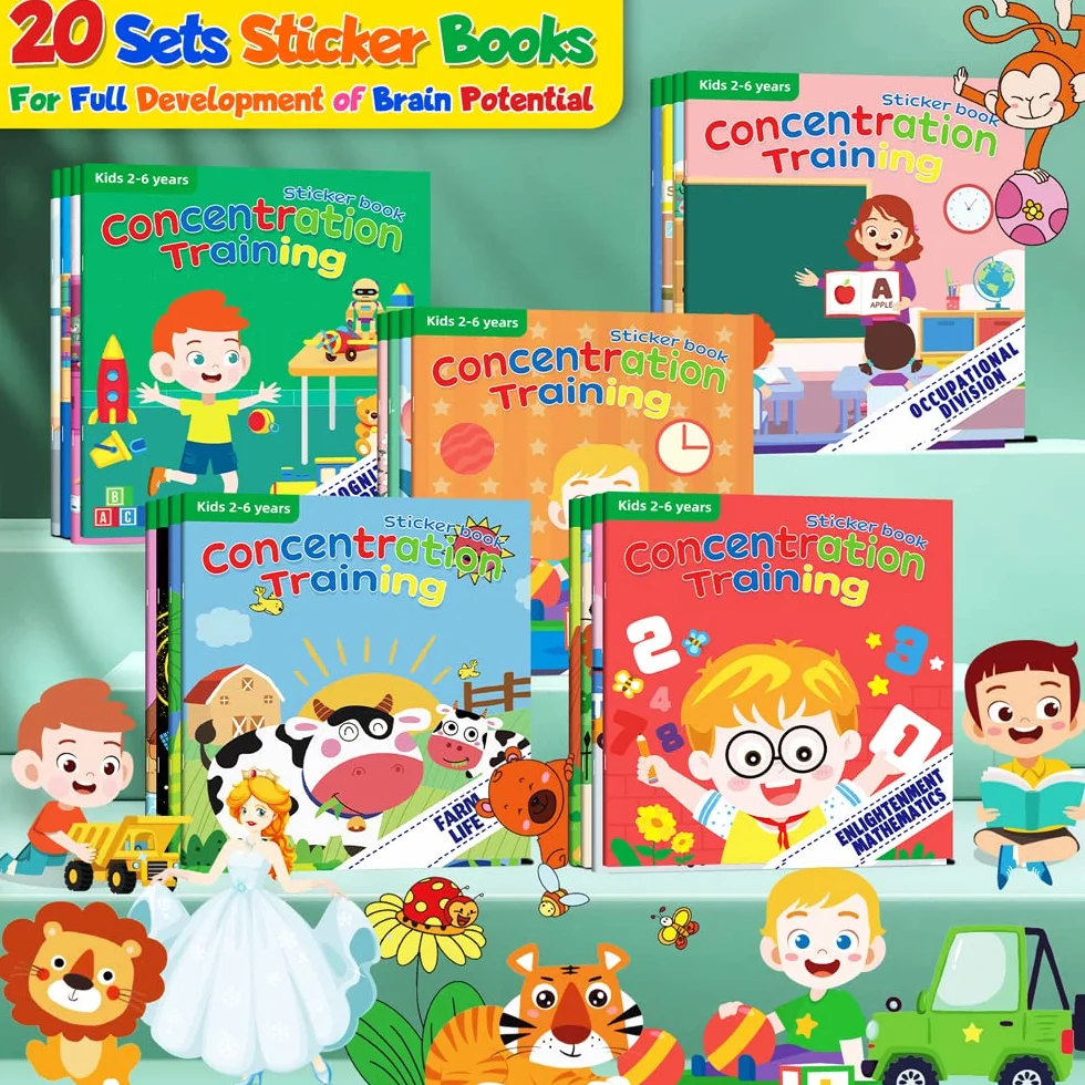 Felly Lot de 20 Livres d'Autocollants Réutilisables pour Enfant Montessori 2-6 Ans Jouet Educatif