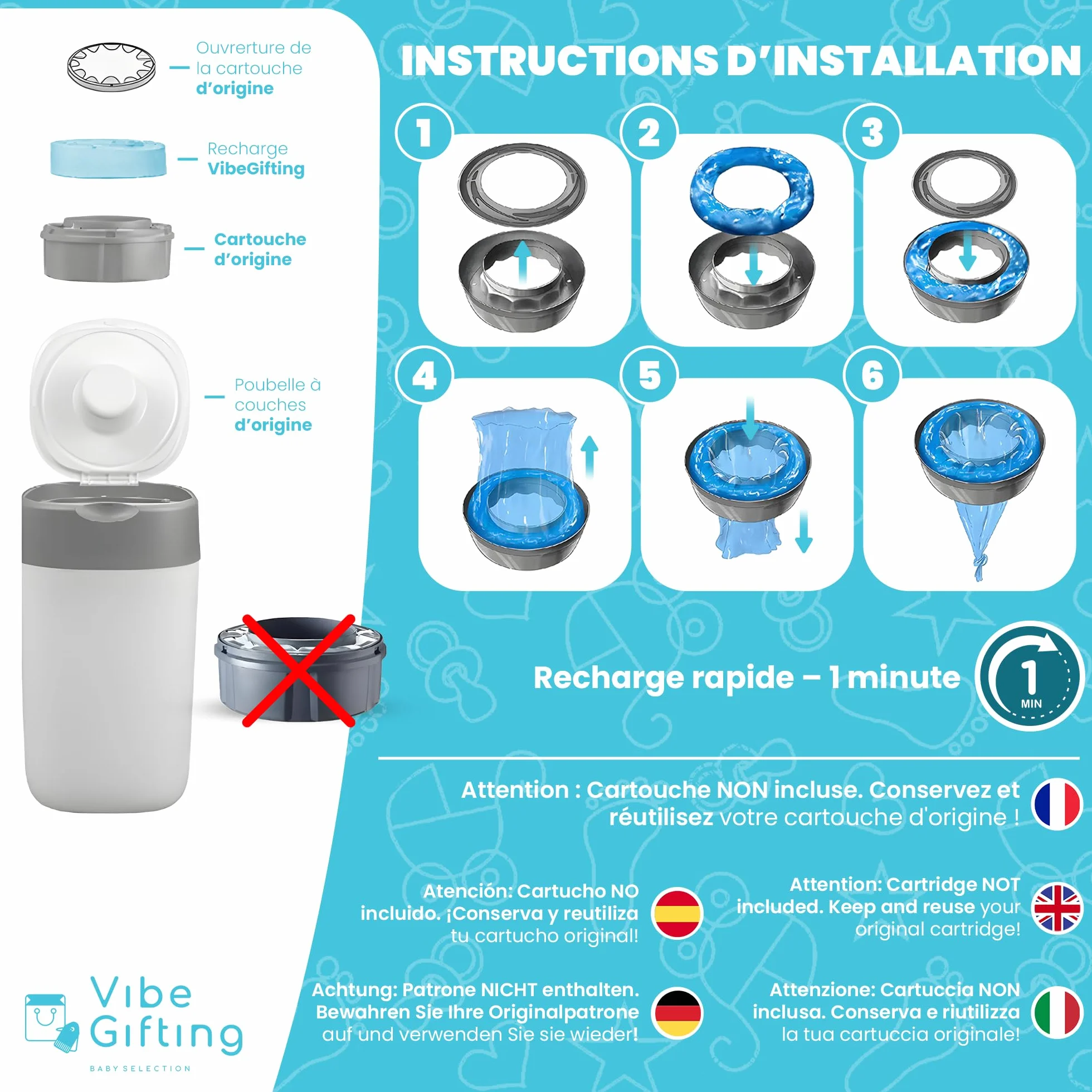 VibeGifting® Pack XXL-9 Recharge Poubelle à Couche 10 m Compatible Tommee Tippee Angelcare Antibactérien Parfumé Anti-Odeur Sans BPA Recyclé