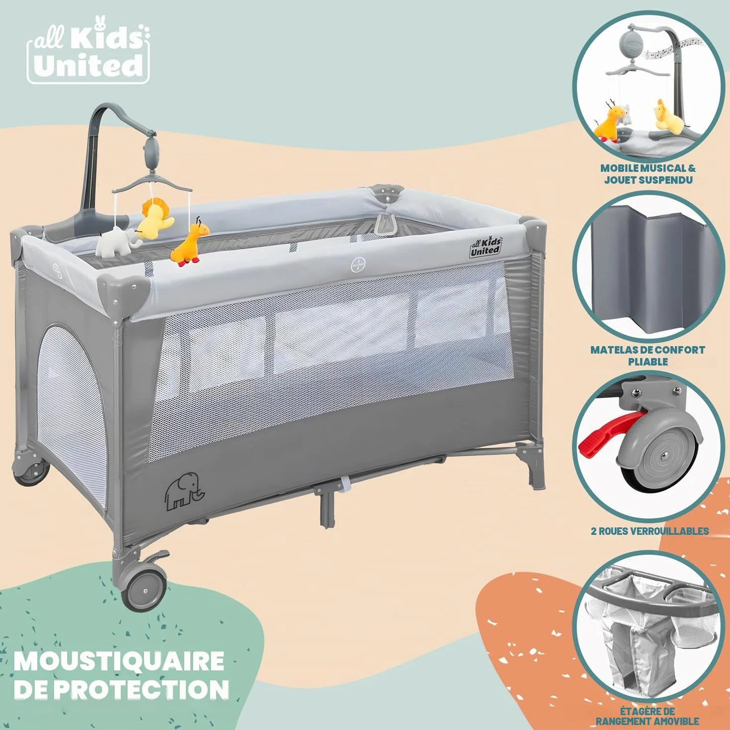 Lit de Voyage pour Bébé Deluxe all Kids United avec Matelas à Langer et Mobile Gris