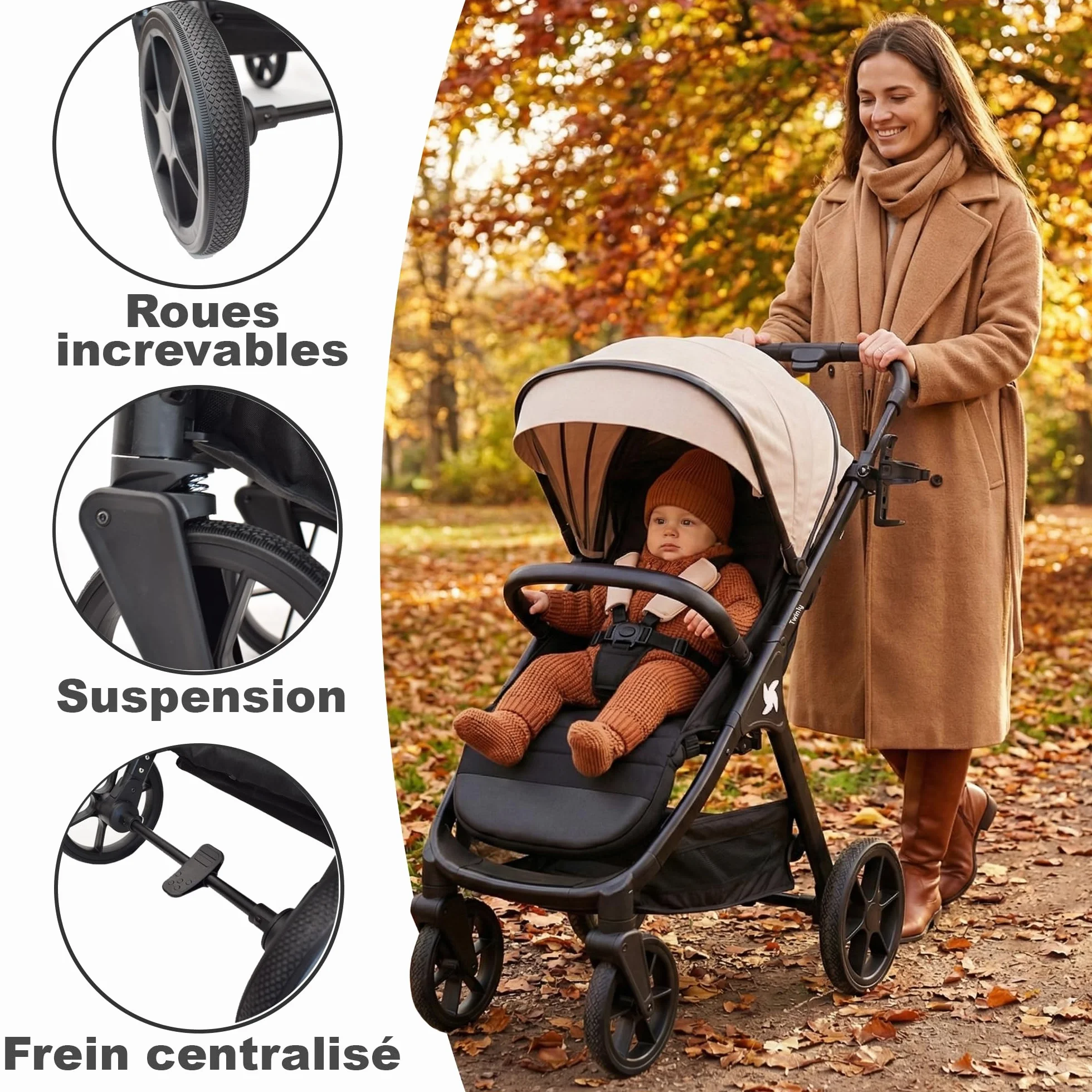 Poussette Canne Compacte et Légère jusqu'à 25kg Dès la Naissance Siège Large Capote XXL UPF-50 Pliage d'une Main Grandes Roues Noir