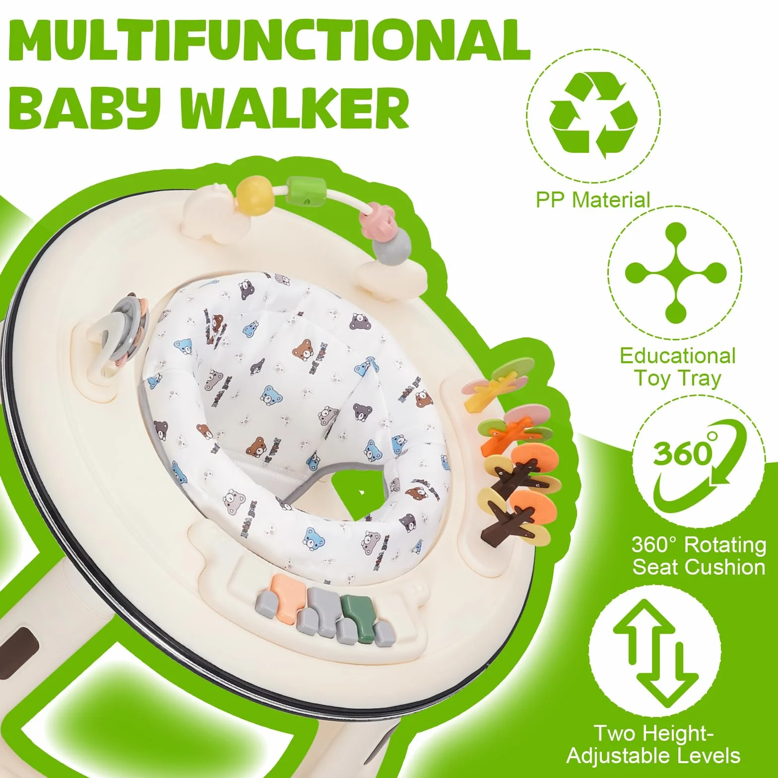 Trotteur Bébé Réglable en Hauteur avec Siège Pivotant 360°, Babywalker Roues Silencieuses, Plateau Activités Musical Amovible, Anti-renversement 9-18 Mois