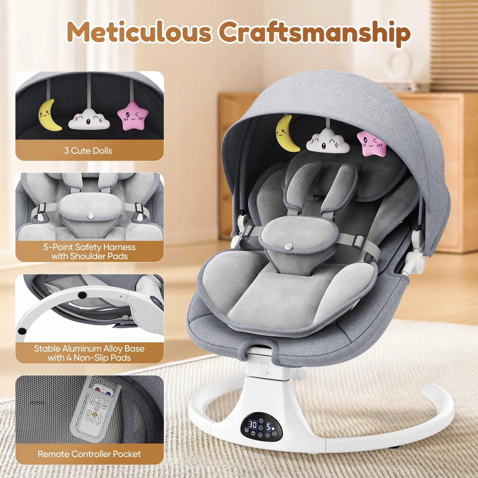 Balancelle Bébé Électrique Réglable avec Coussin Amovible, 5 Vitesses, 12 Mélodies, 3 Minuteries, Gris