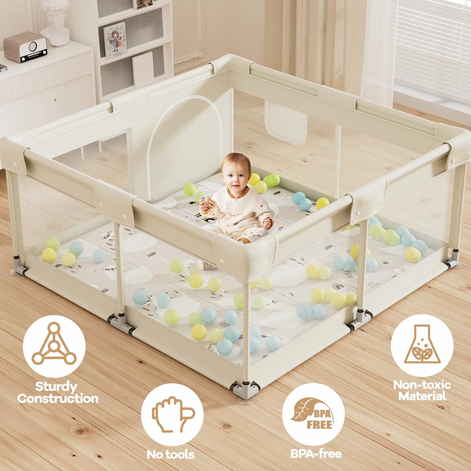Parc Bébé Beige 120x120cm avec Tapis et Toile Oxford Durable, 2 Poignées Incluses