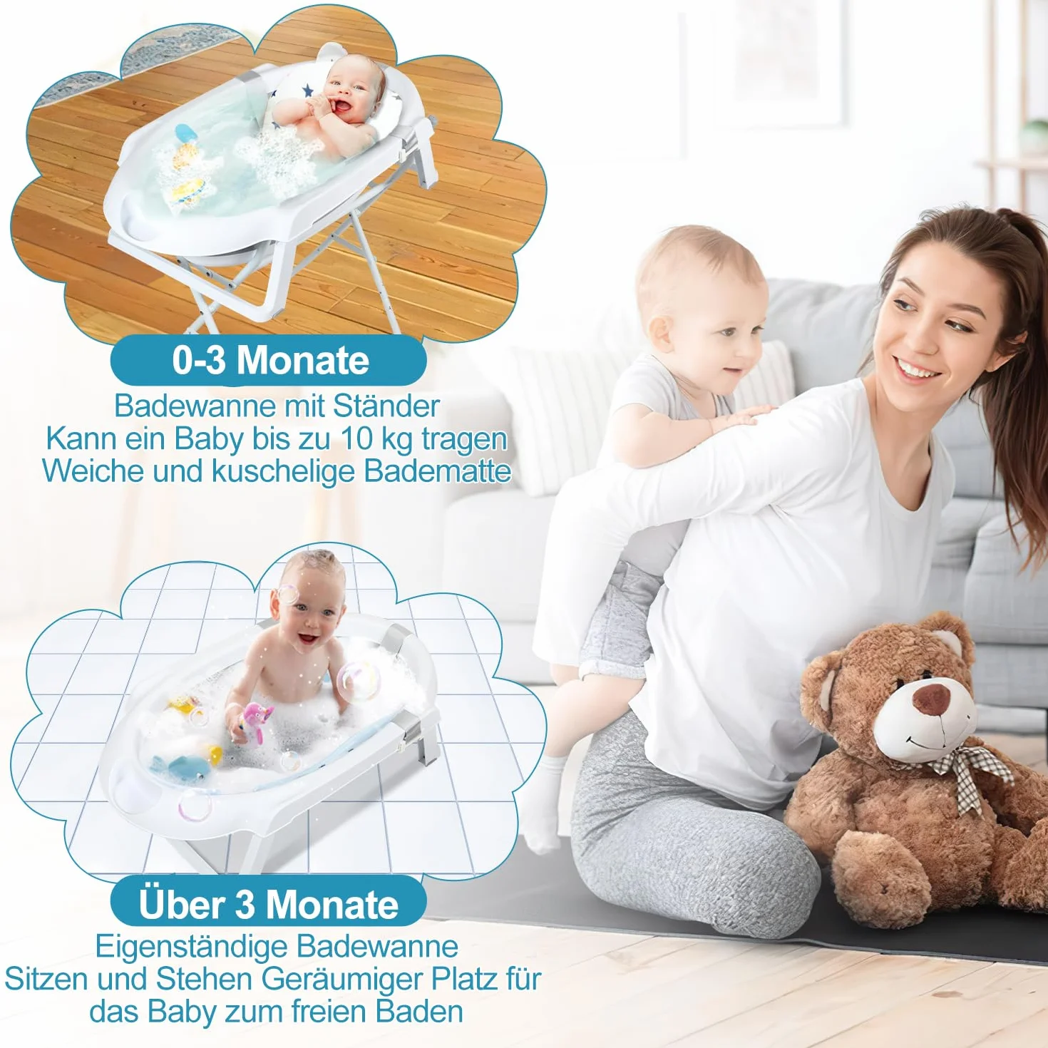 Baignoire pliable pour nouveau-nés et tout-petits avec support antidérapant et tapis de bain, gris