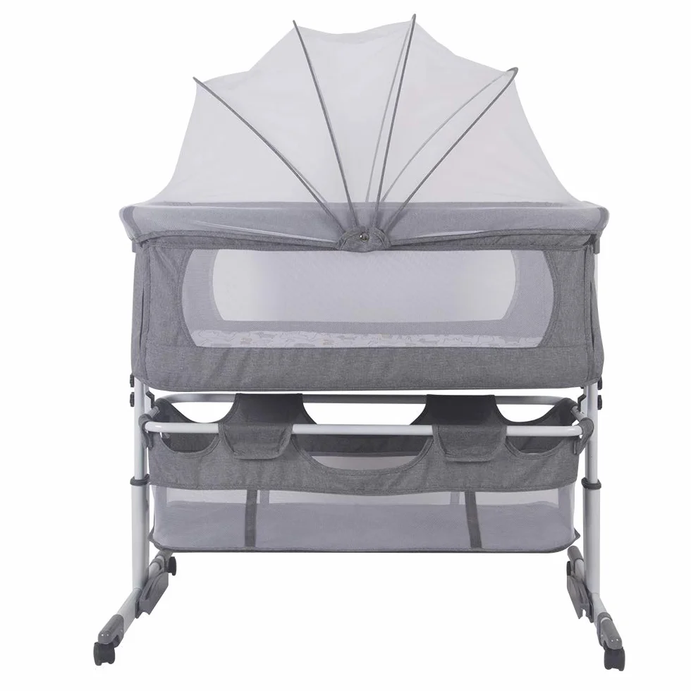 Lit Cododo Bébé 2 en 1 Berceau avec Matelas et Moustiquaire 50KG Réglable en Hauteur 92x58x70-87cm Gris