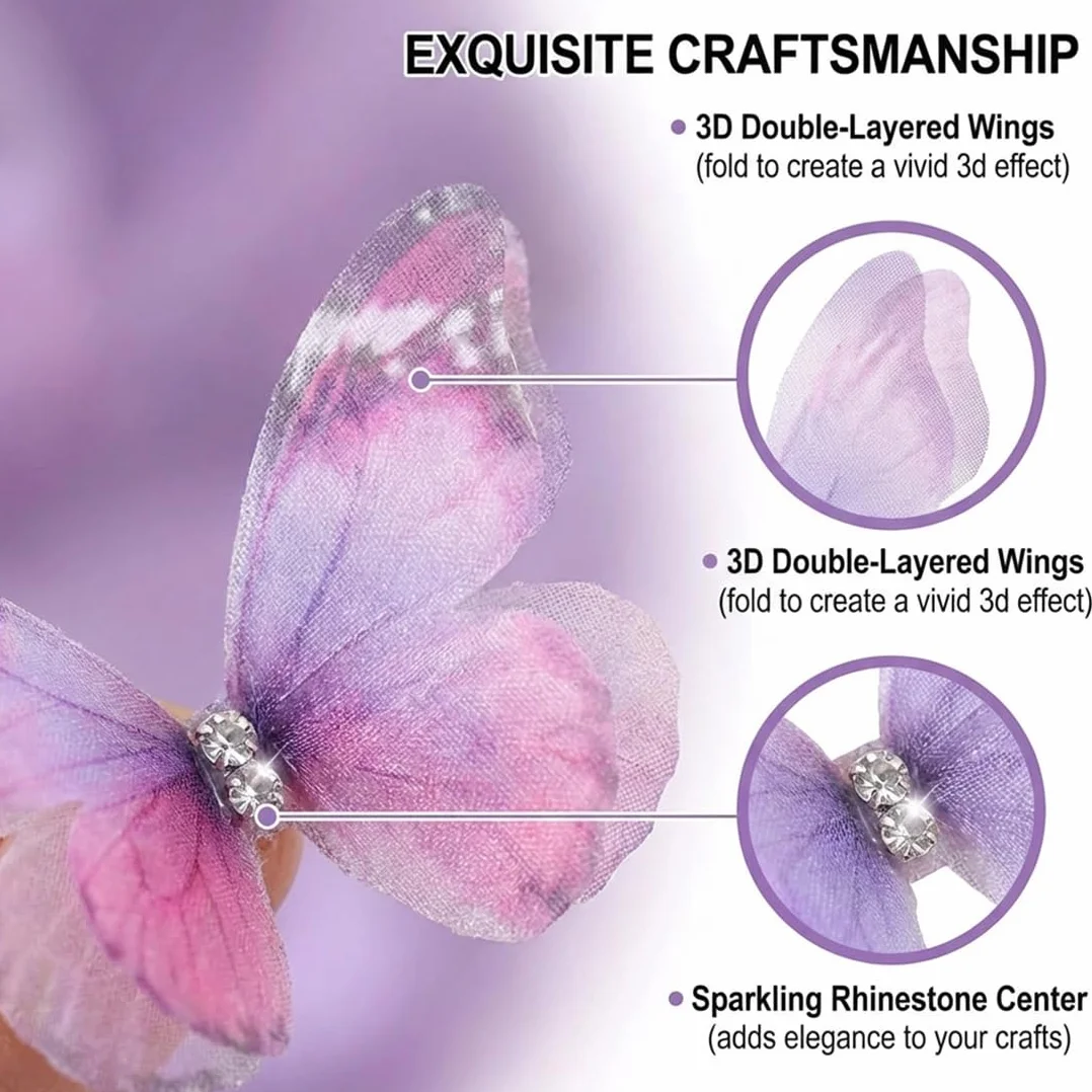 50 Pièces Papillons en Tissu Organza et Chiffon Translucide DIY Scrapbooking Stickers Muraux