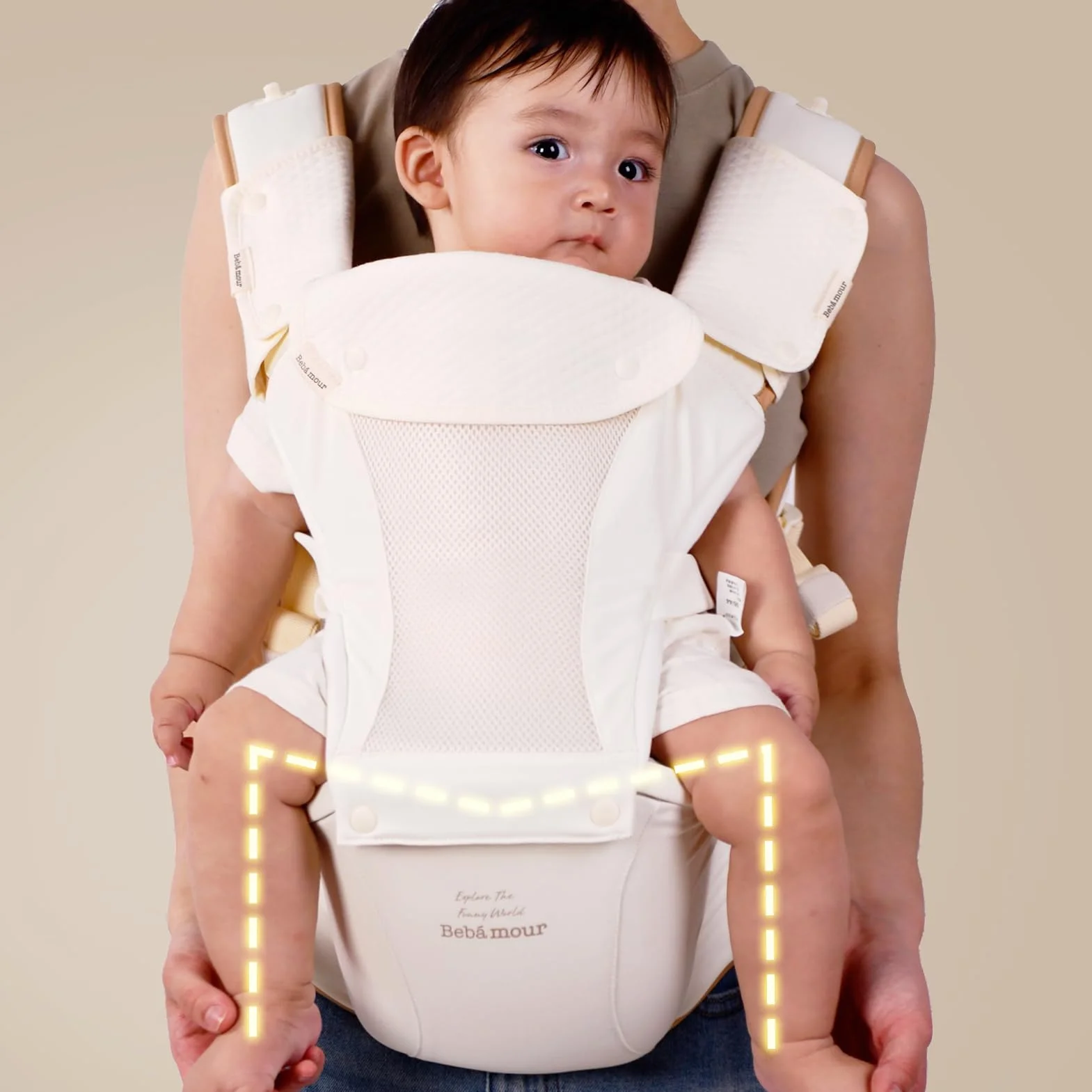 Bebamour Porte-bébé Hipseat 0-36 mois avec capuche et accessoires Beige