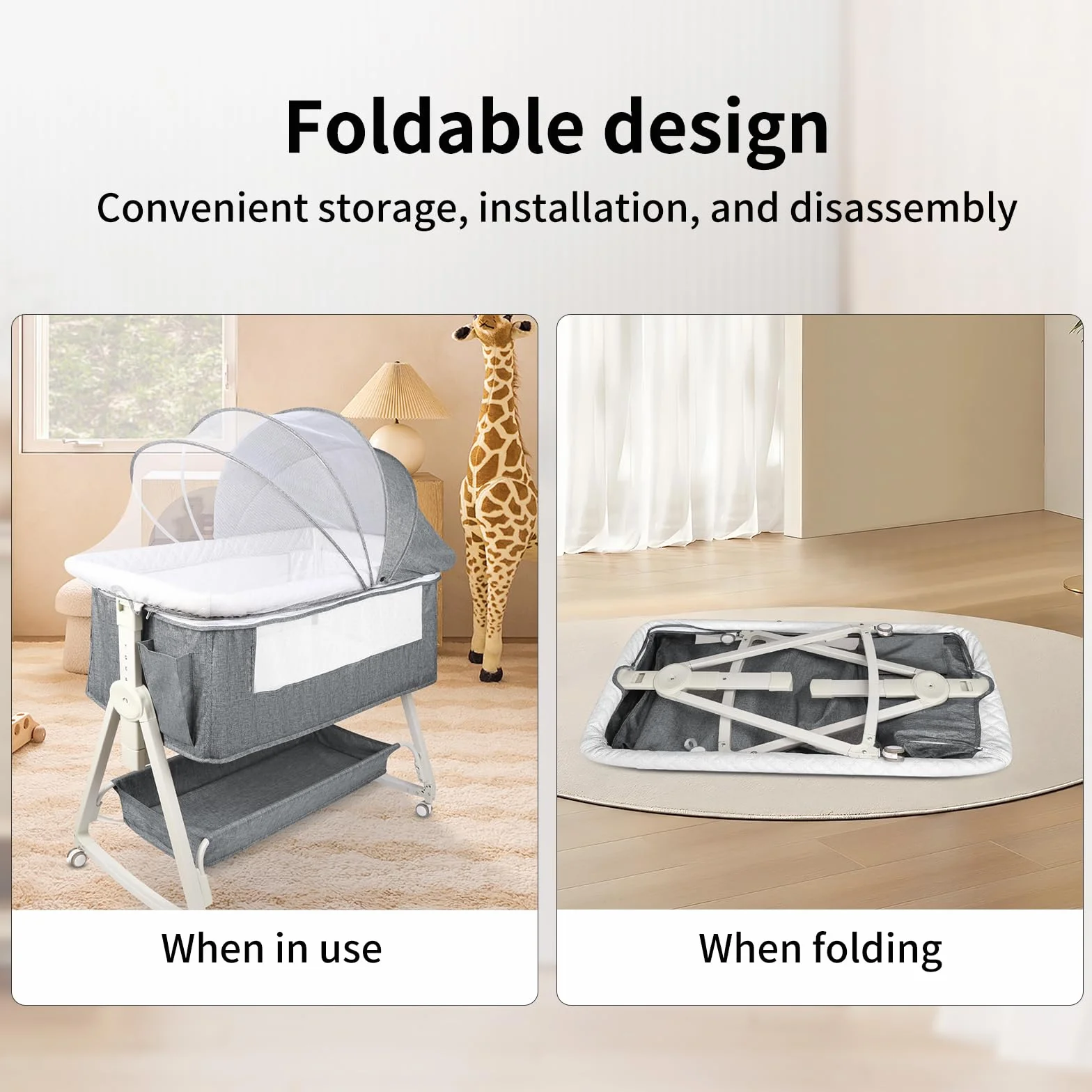 HUOLE 3 in 1 Berceau Cododo avec Matelas et Moustiquaire, lit bébé Portable avec roulettes, 92x52x106-118 cm Gris Lin