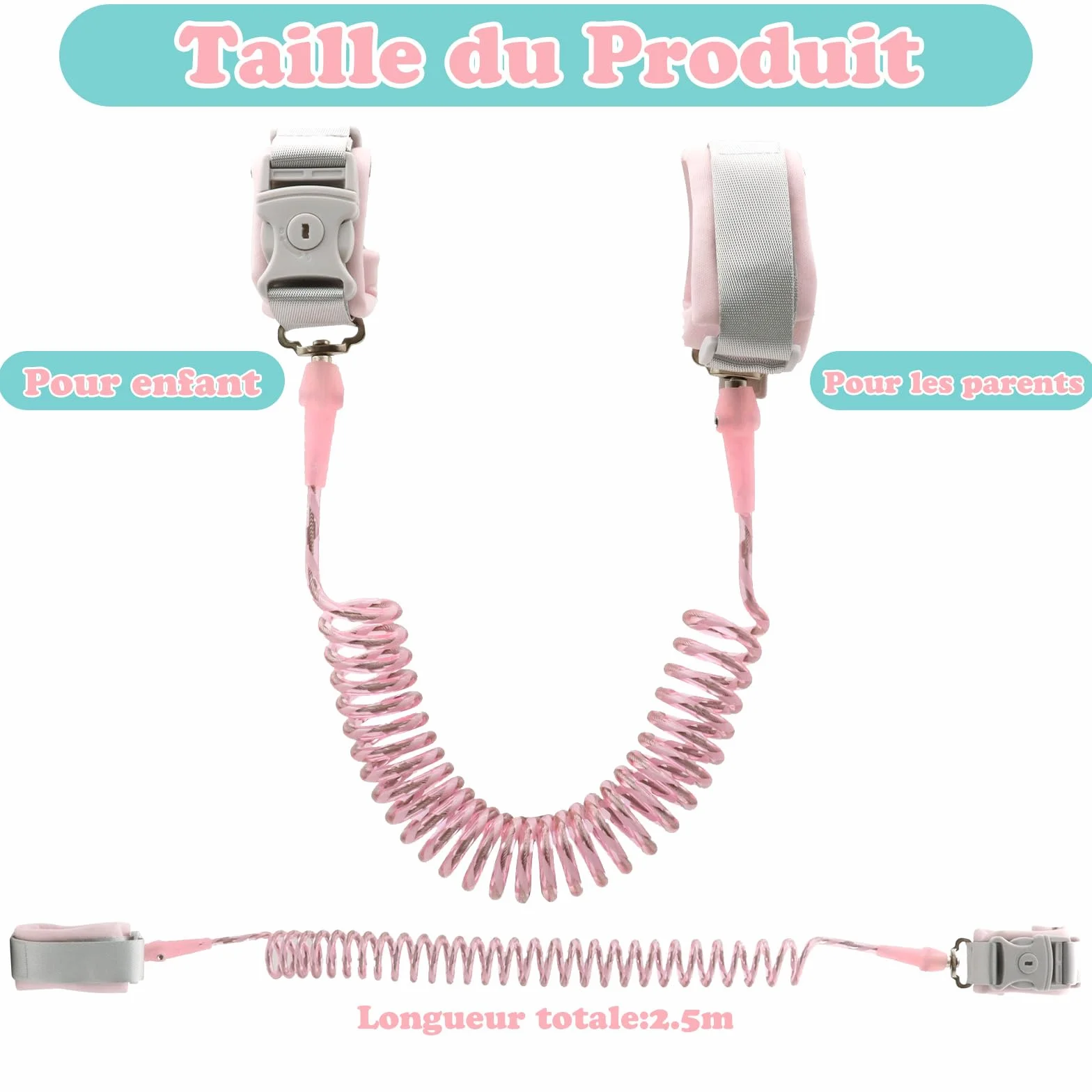 Laisse Enfant Anti-Perte 2,5m Harnais Rotation 360° Serrure à Clé Bracelet Sécurité Réfléchissant Silicone Rose Vert
