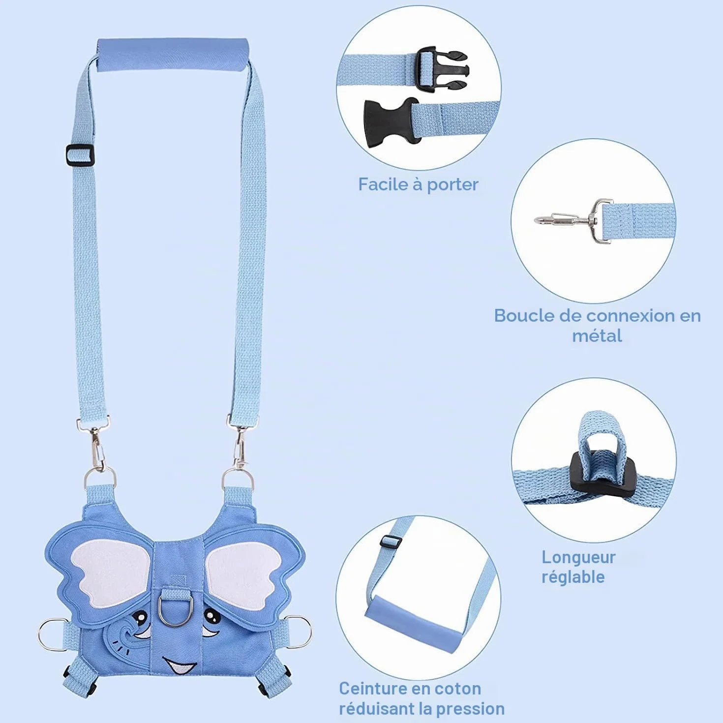 Laisse 3 en 1 pour enfant Anti-perte Harnais de course avec poignet de sécurité Motif éléphant
