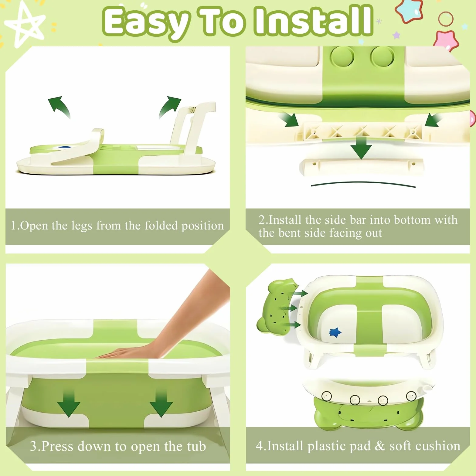 Baignoire Bébé Pliable avec Coussin de Bain et Thermomètre Intégré, Bouchon d'Évacuation, Vert Ours
