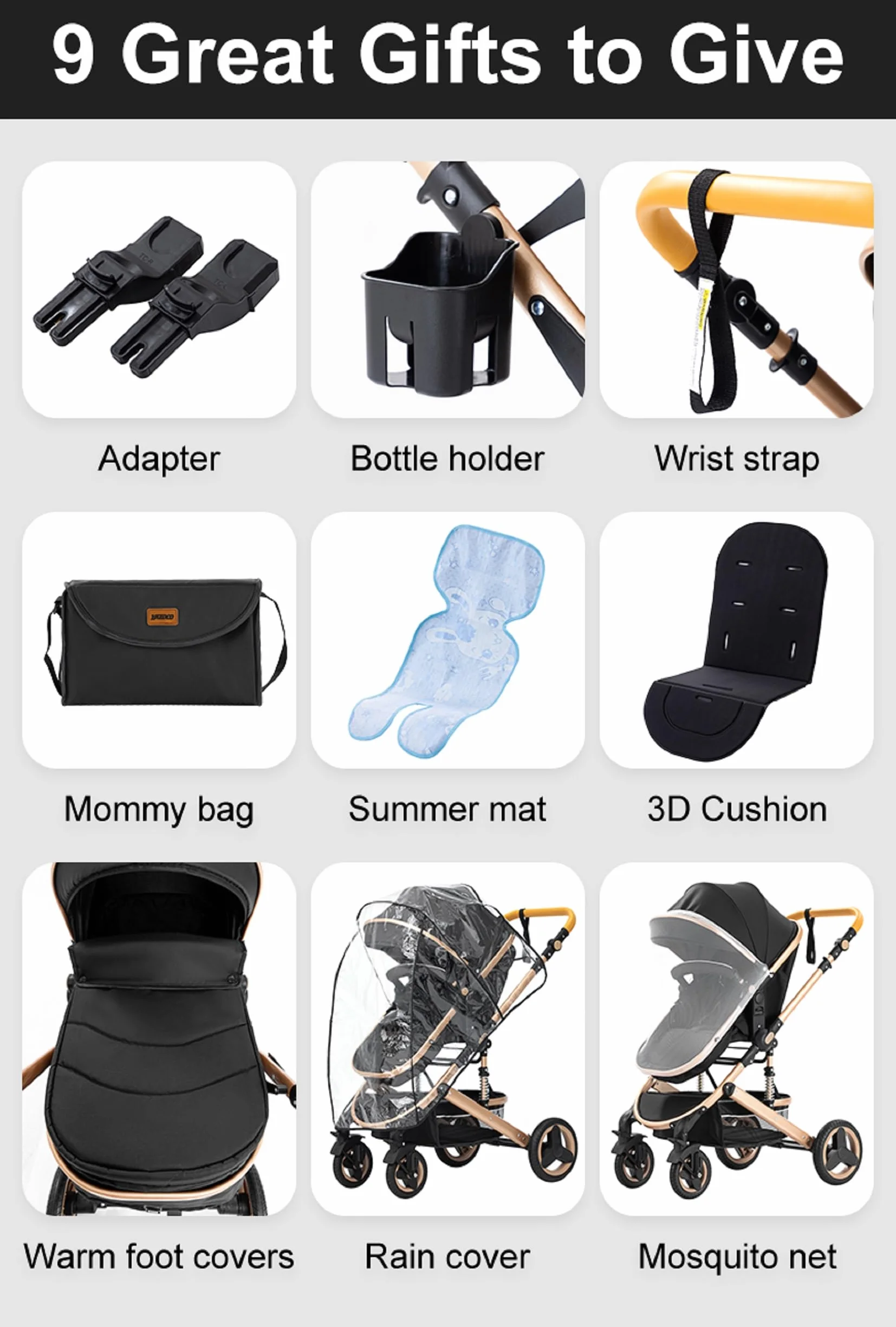 GLOKID Poussette 3 en 1, Poussette Combinée Portable Pliant en Un Clic, Cadre Aluminium Noir