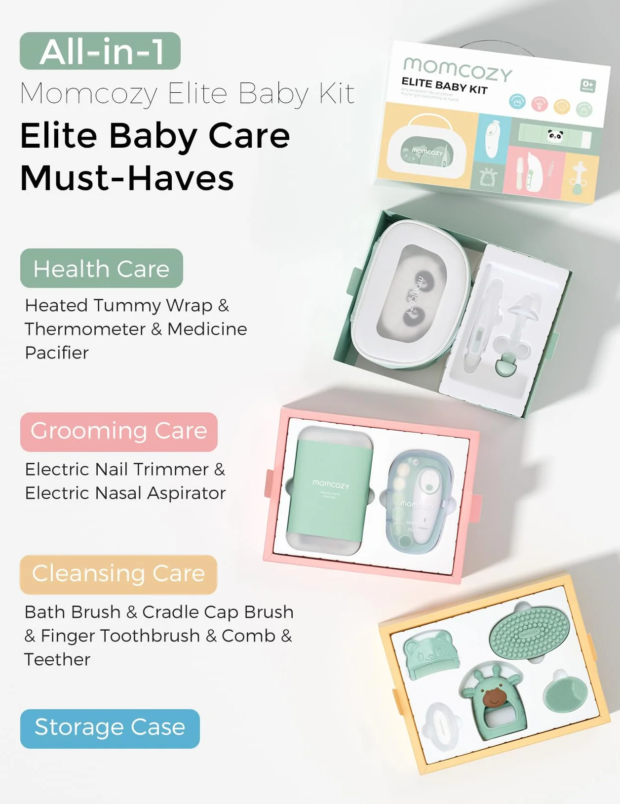 Momcozy Elite Baby Kit, Cadeau de Qualité Supérieure pour Toilettage, Santé et Nettoyage de Bébé, Idéal pour Baby Shower, Inclut Lime à Ongles et Aspirateur Nasal Électrique