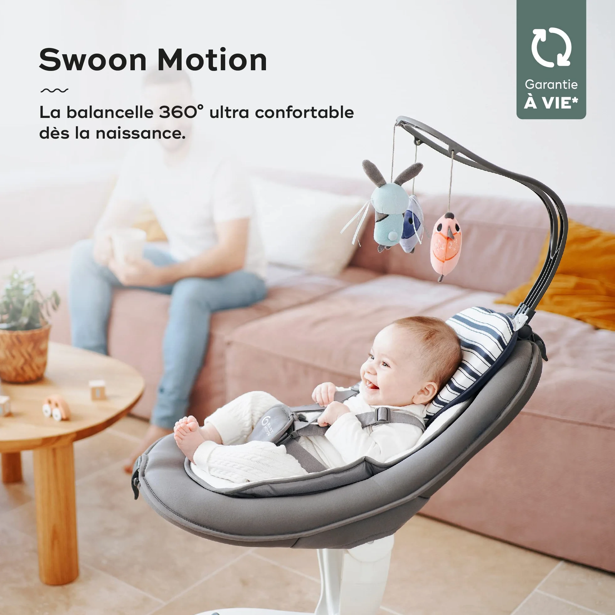 Babymoov Swoon Motion Zinc Balancelle électrique bébé 360° rotative 5 vitesses balancement réducteur nouveau-né arche jeux 8 berceuses