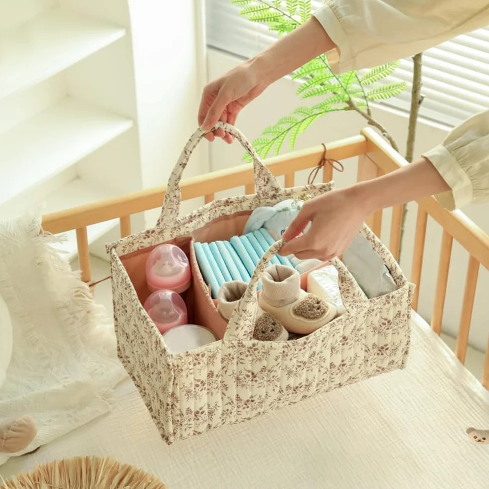 Panier Rangement Bébé Matelassé Motif Floral avec Poignée Compartiments Détachables