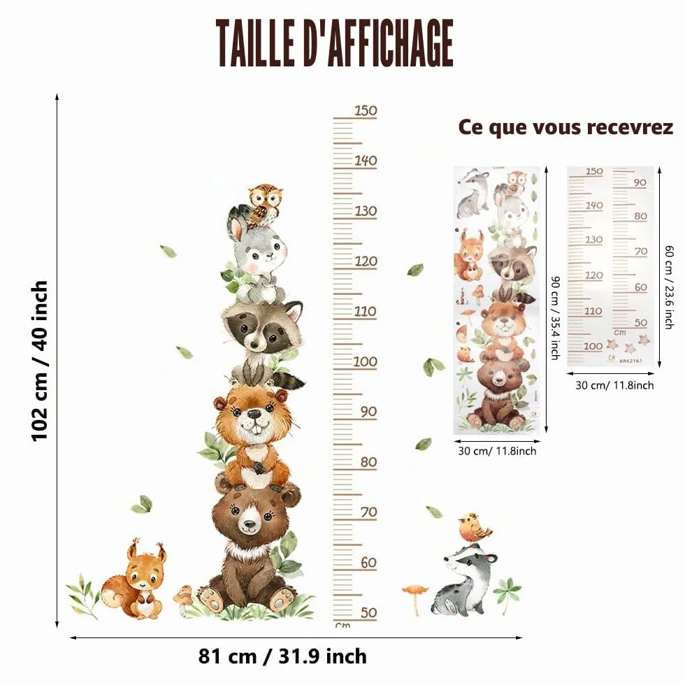 Toise Murale Enfant 50-150 cm - Tableau de Hauteur Animaux de la Forêt - Stickers Muraux pour Crèche