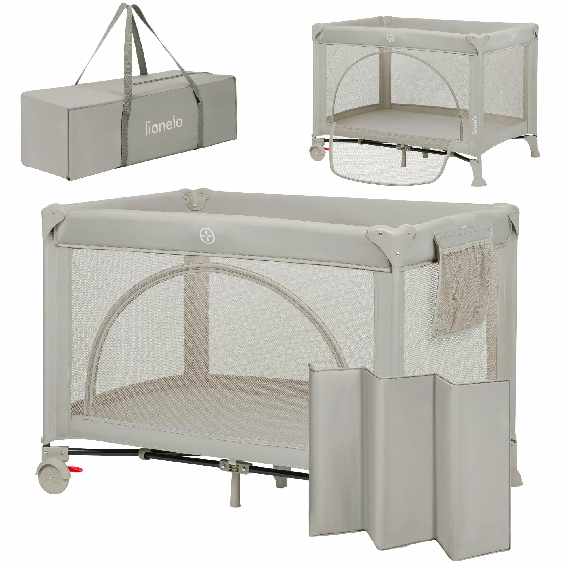 LIONELO LAURA 2en1 Lit de Voyage 15 kg Parc bébé 0-36 mois Matelas Mousse T25 2 Niveaux Hauteur Sac de Voyage Roues Frein Beige