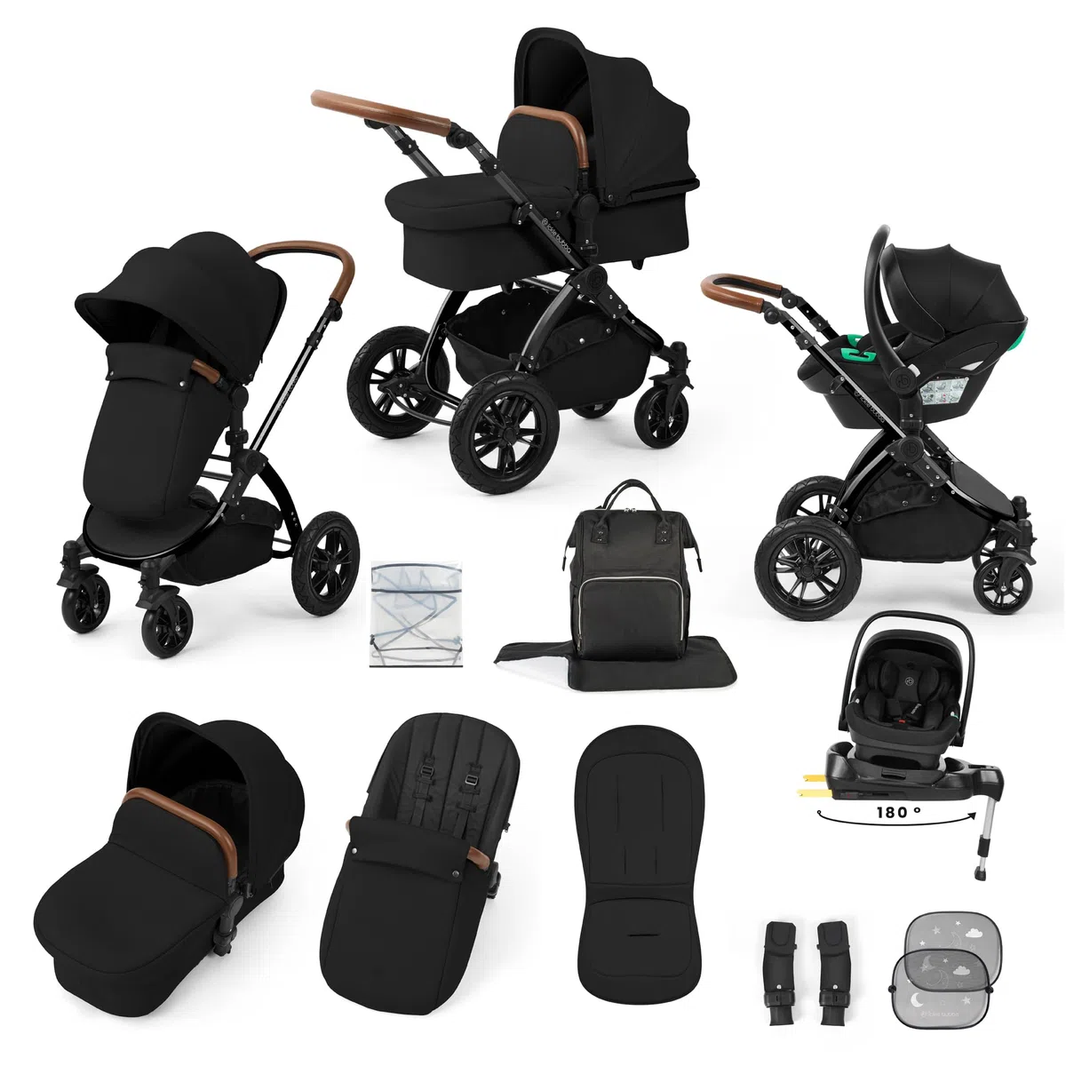 Système de voyage Ickle Bubba Stomp Luxe 12 pièces avec siège auto i-Size Nimbus et base ISOFIX pivotante à 180° – De la naissance à 22 kg (environ 4 ans) (Minuit/Beige, Châssis noir)