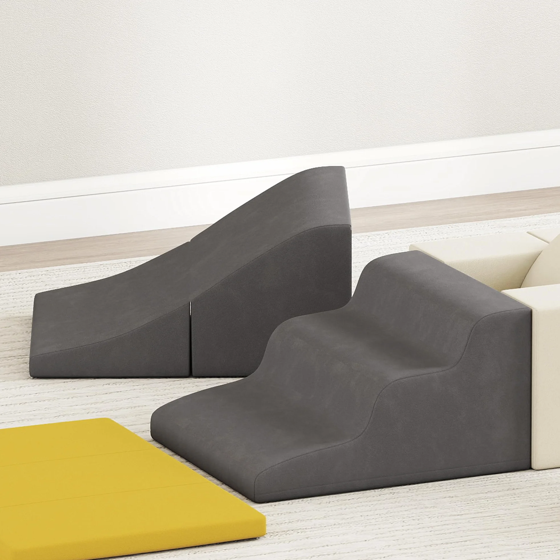 AIYAPLAY Parcours motricité bébé modulable, Blocs Mousse éducatifs 7 pièces, Housse Lavable Velours, Base antidérapante, Jeu intérieur Enfants 6 Mois-3 Ans, Jaune