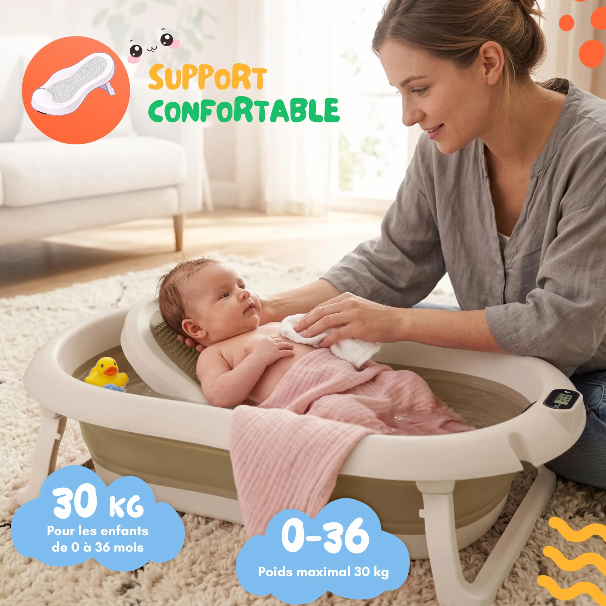 Baignoire bébé pliable 80 cm avec thermomètre et siège de bain antidérapante 0-36 mois