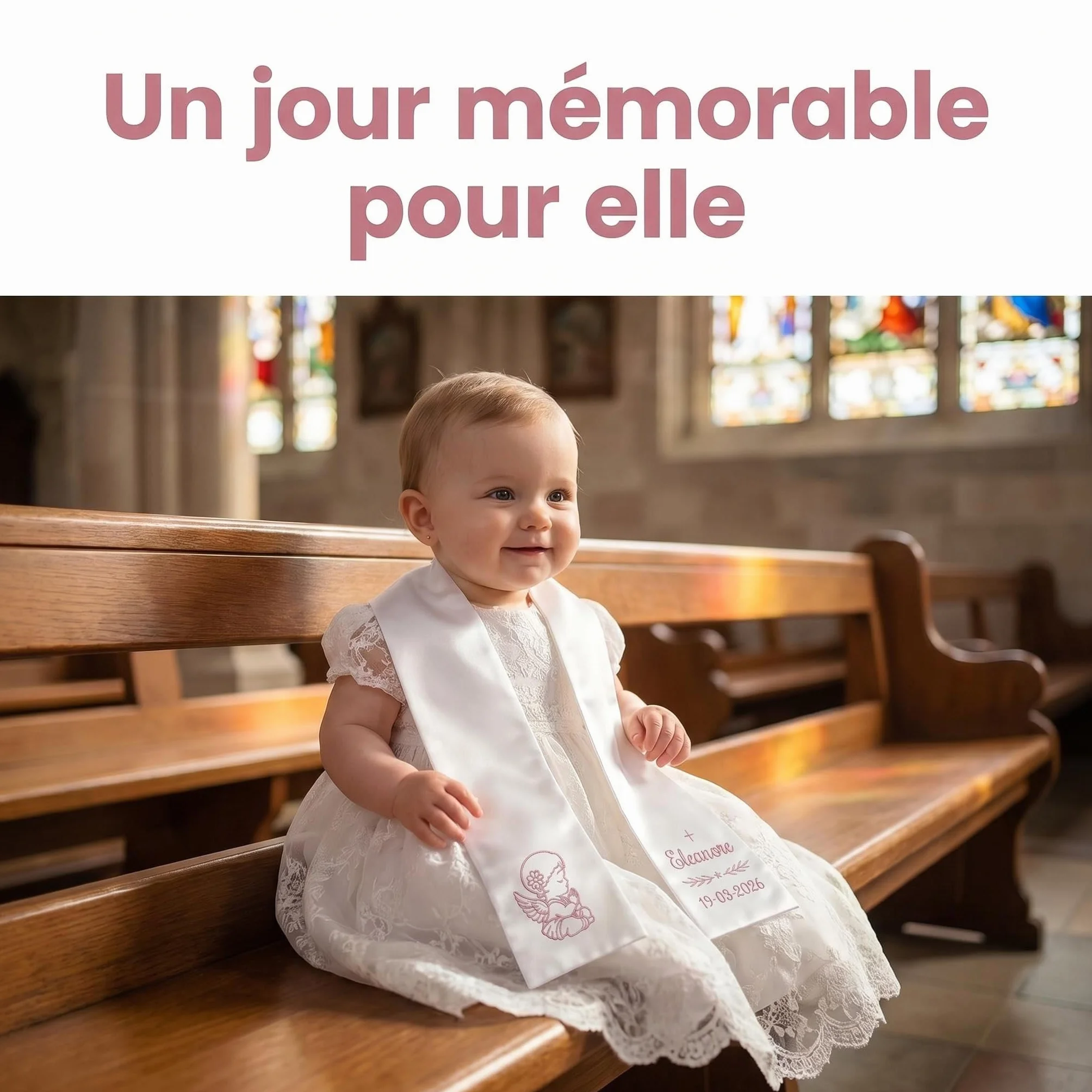 Écharpe de Baptême Personnalisée Enfant, Brodée Prénom et Date, Satin Blanc Ange ou Croix, Cadeau avec Coffret