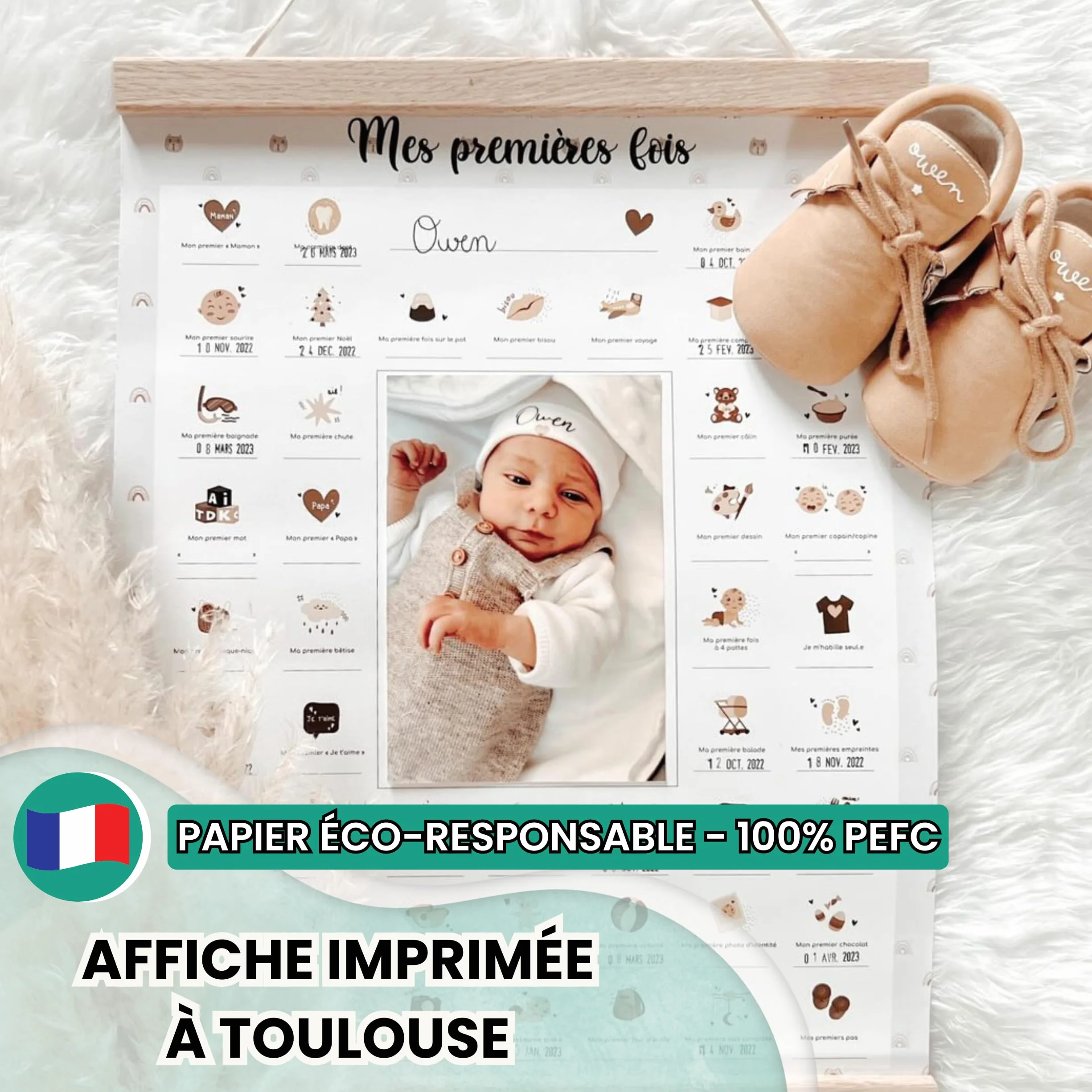 Keep'Love Affiche Mes Premières Fois à Tamponner, Cadeau de Naissance Bébé, Grand Format A3 (Modèle OURSON)