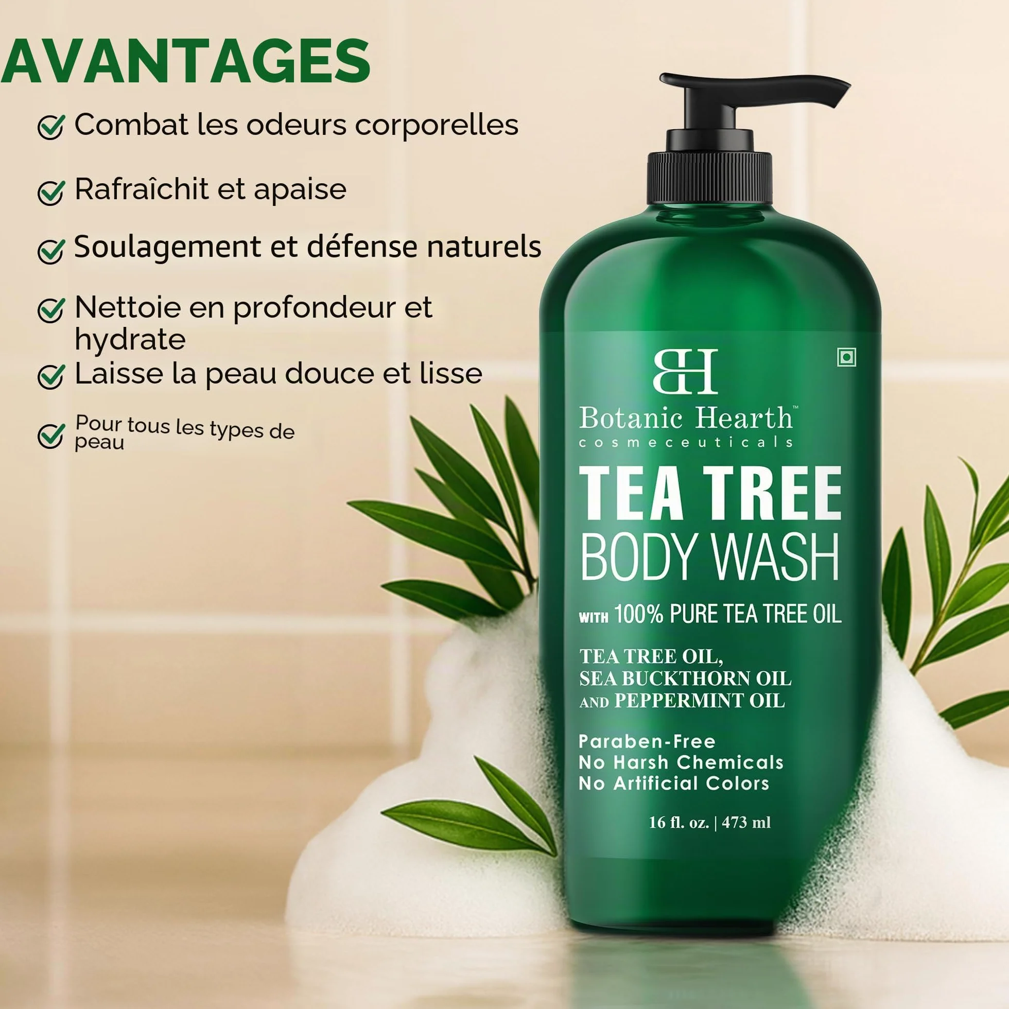Botanic Hearth Gel douche à l'arbre à thé 473 ml Antifongique Anti-odeurs Naturel Sans Sulfates Ni Parabènes