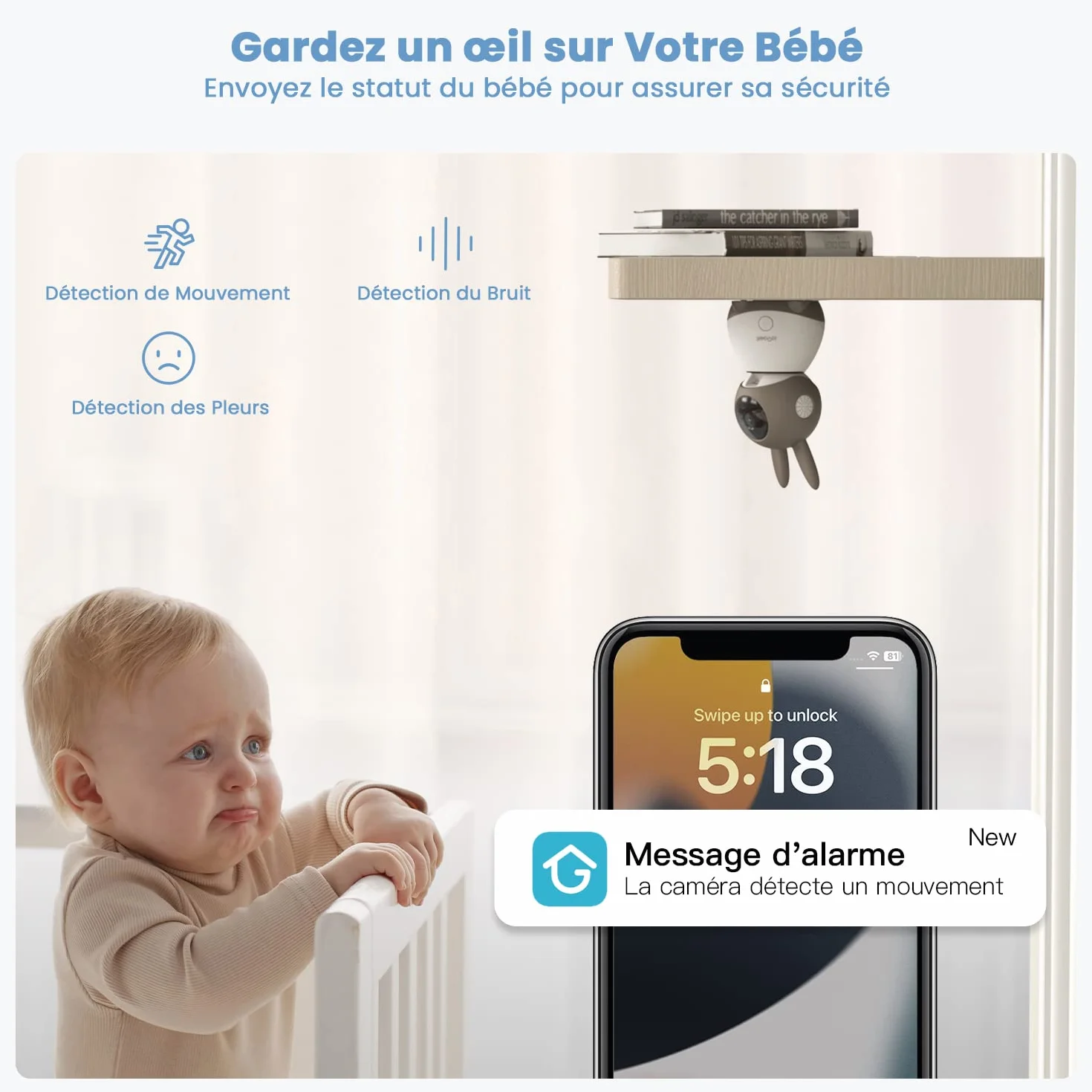 ieGeek Babyphone Vidéo Bébé 5" Écran 2 Caméras 2K PTZ 360° APP 2.4GHz sans WiFi Détection de Cris Mouvement Température Humidité Vision Nocturne