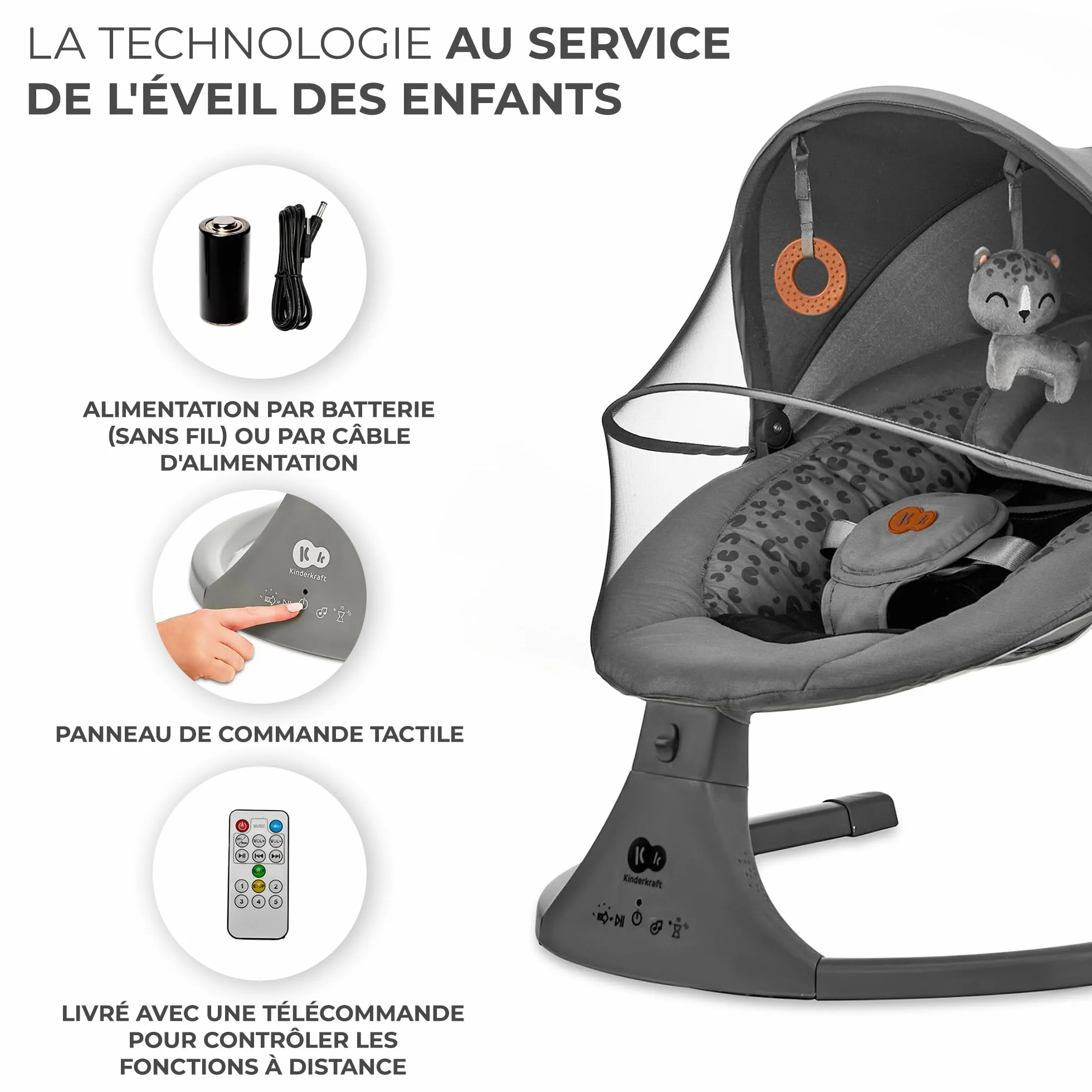 Kinderkraft LUMI 2 Transat bébé Balancelle électrique Naissance à 9 Mois Réglable hauteur 5 modes balancement 12 mélodies Arche jouets Gris foncé