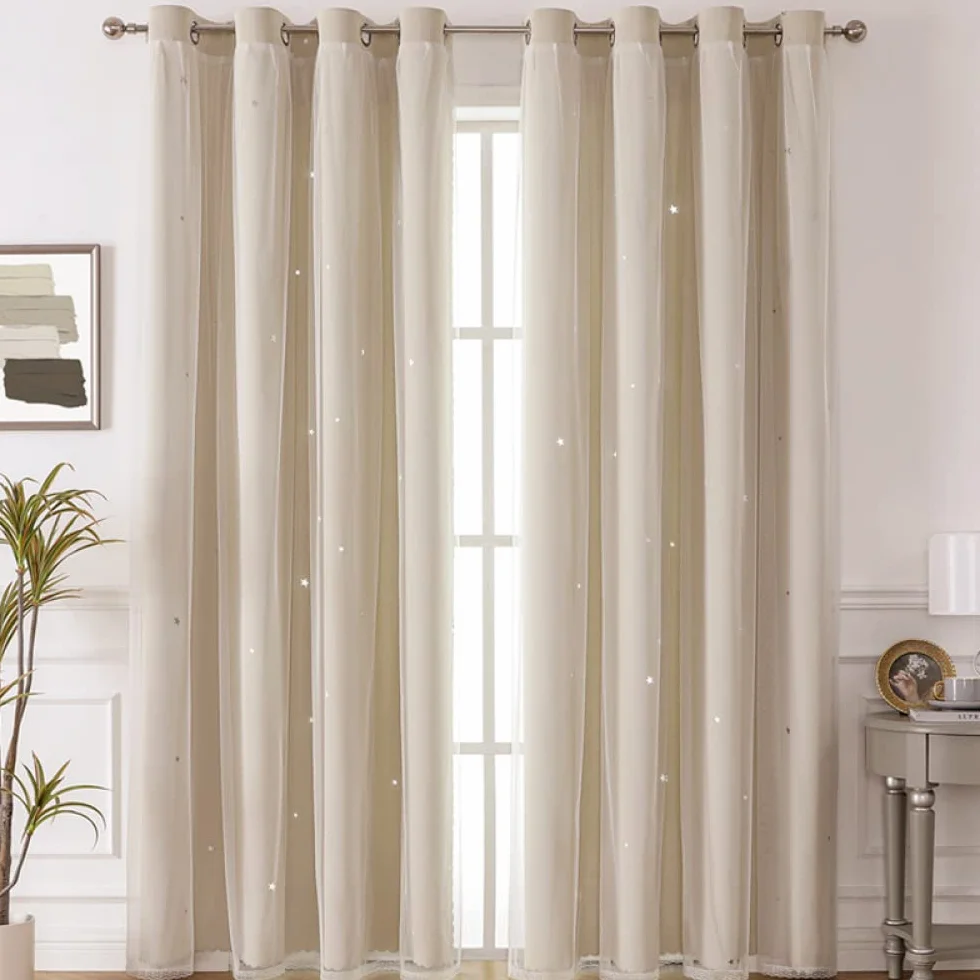 Freyamy Rideau Occultant Étoile Creux Thermique Isolant Anti Froid Oeillets Léger Fenêtre 244x132cm Beige 2 Pièces