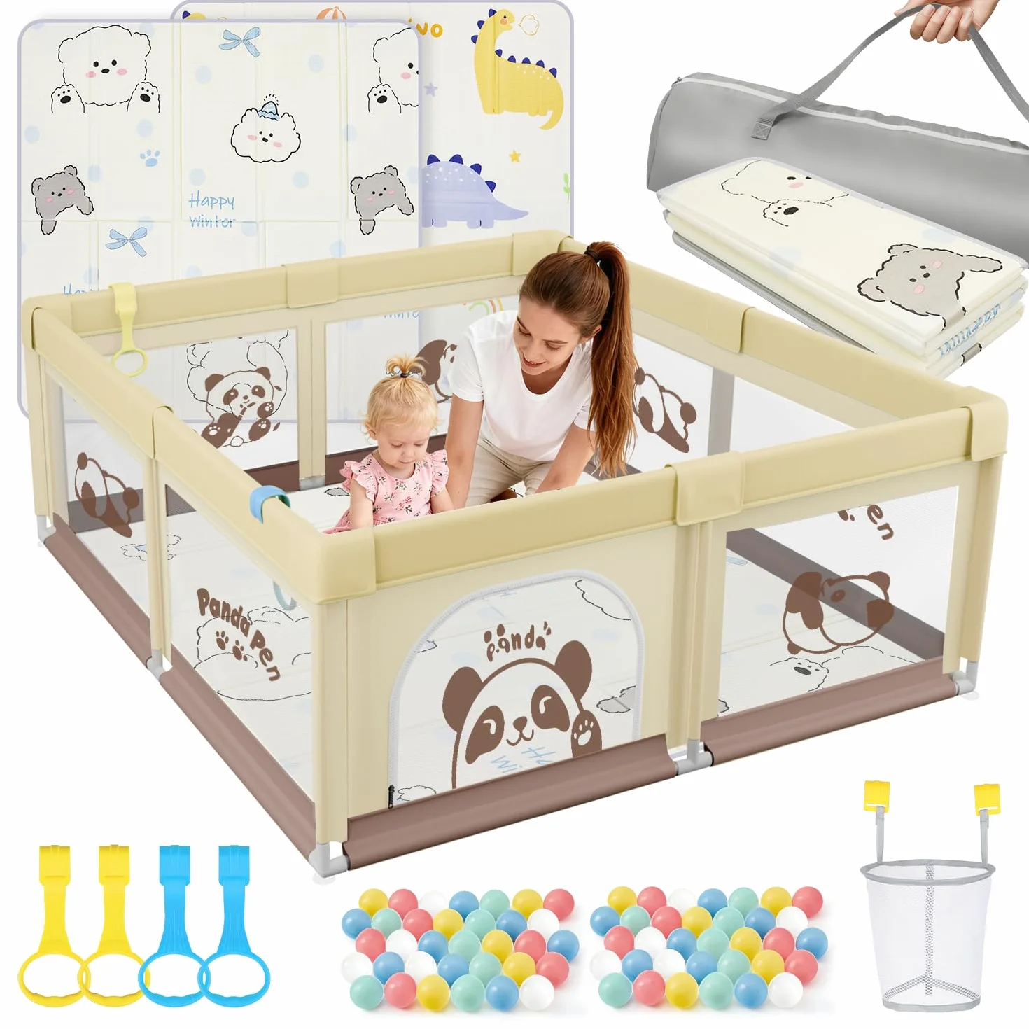 Parc Bébé 120x120 avec Tapis, 40 KG, 300D Tissu Oxford, Ventouse Base, 360° Filet Respirant, Centre d'Activités Enfants, Panda beige