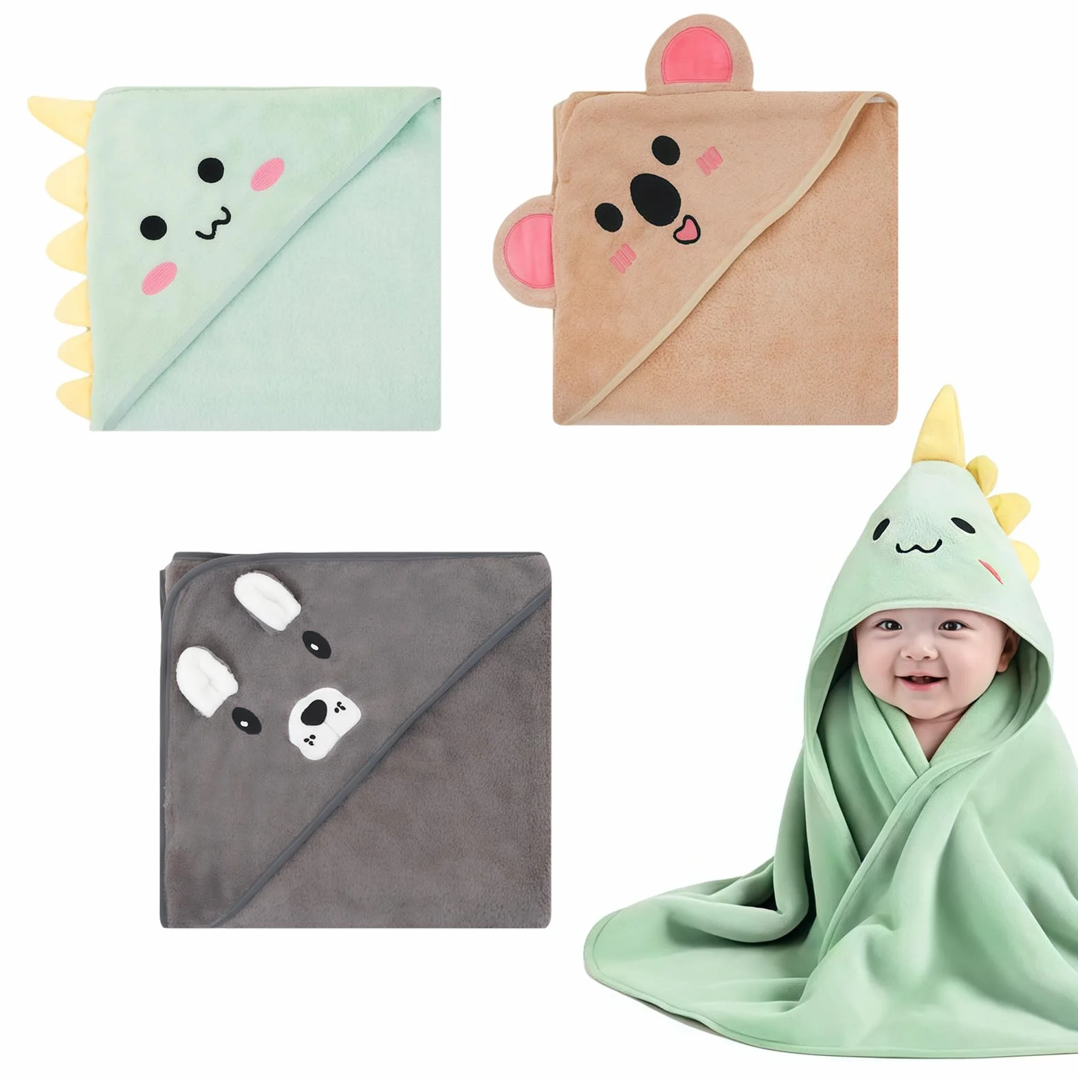 Serviettes à capuche pour bébés 80 x 80 cm, lot de 3, douces pour nouveau-nés, cyan, gris foncé, café