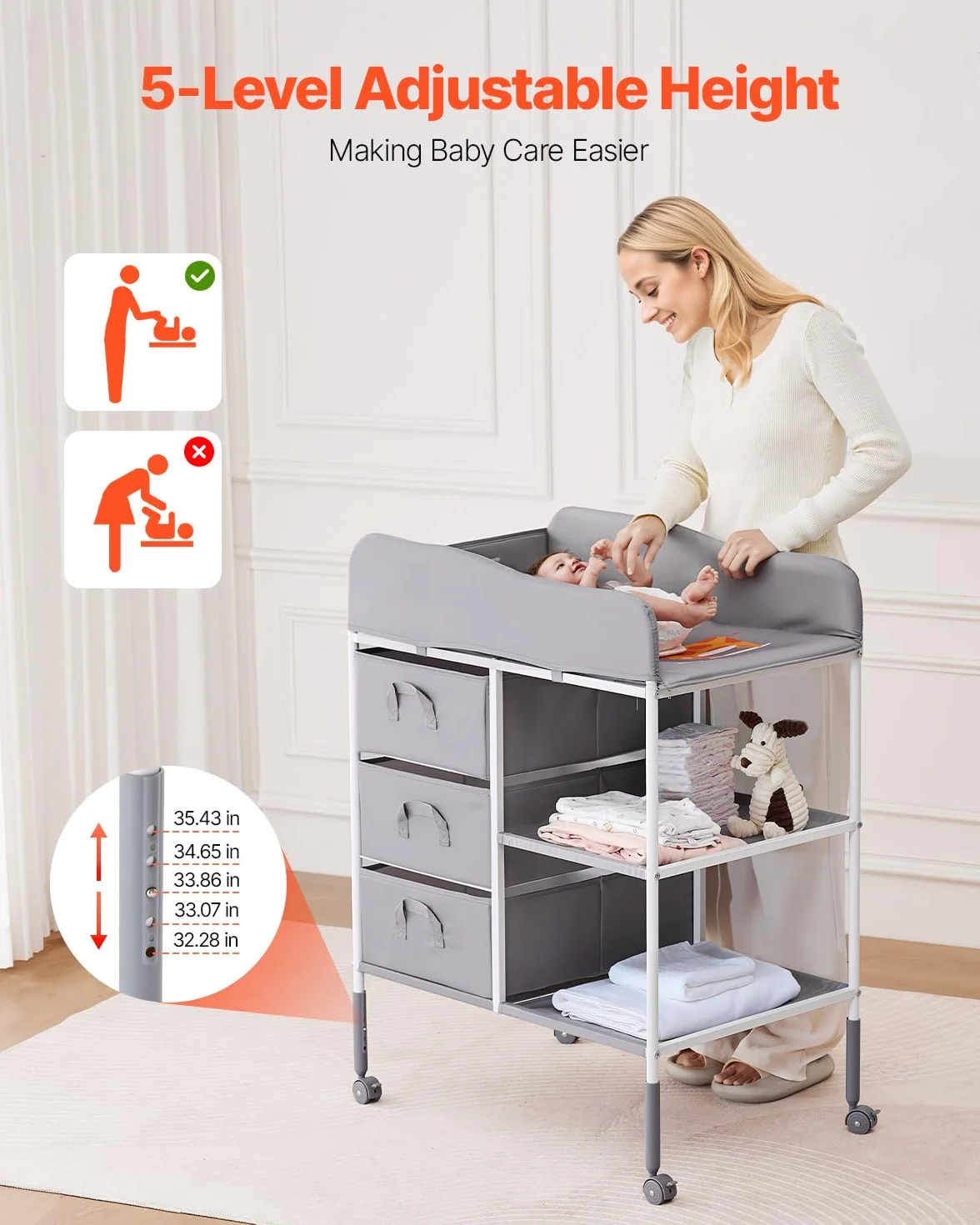 VEVOR Table à Langer Portable avec 3 Tiroirs en Tissu et Roulettes Verrouillables, Meuble pour Bébés Multifonctionnel, Hauteur Réglable, Gris