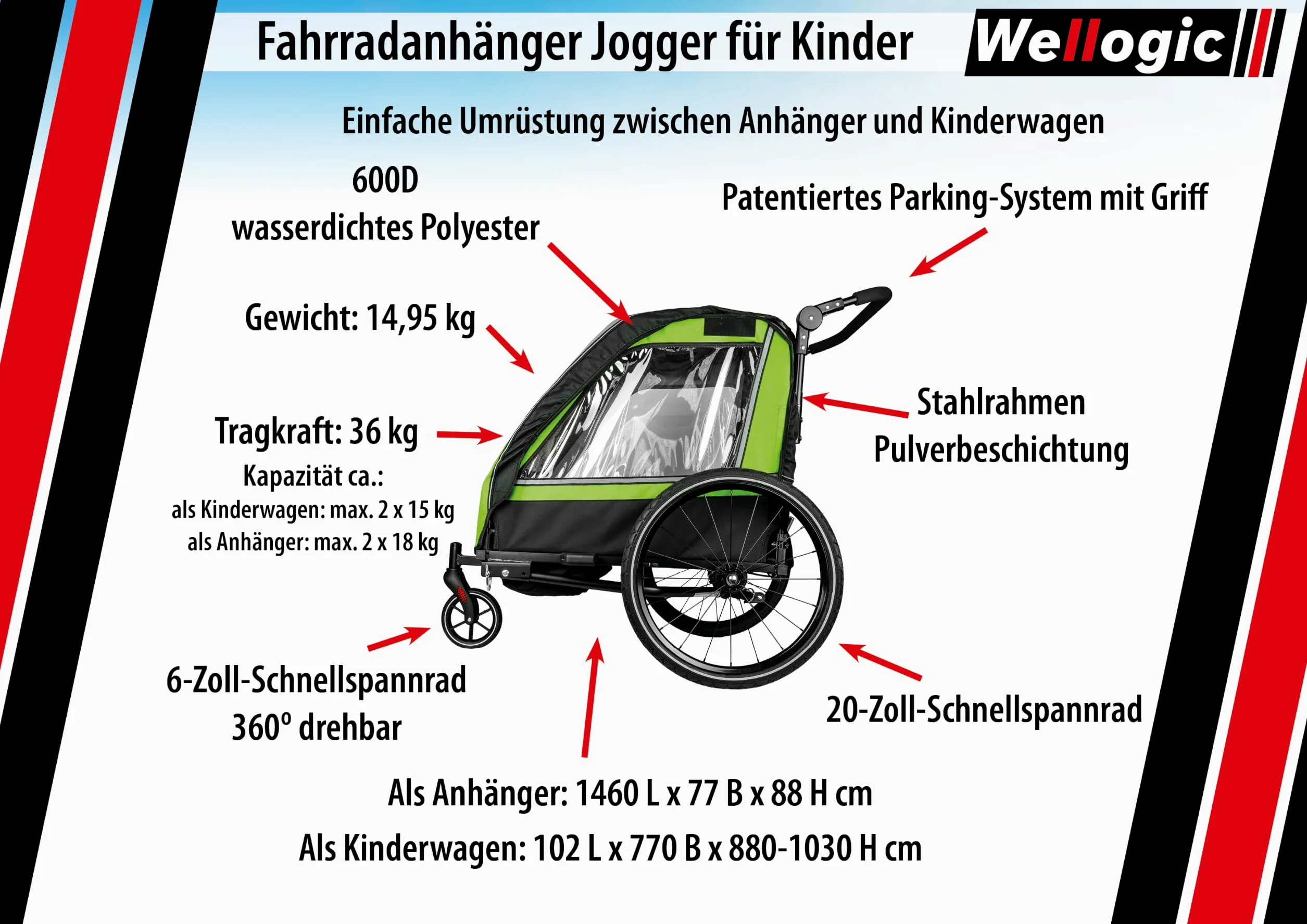 Remorque de vélo pour enfant pour 1 à 2 enfants, remorque de vélo et poussette 2 en 1 jusqu'à 36 kg, système de harnais à 5 points, roues de 20", roues à dégagement rapide, système de stationnement