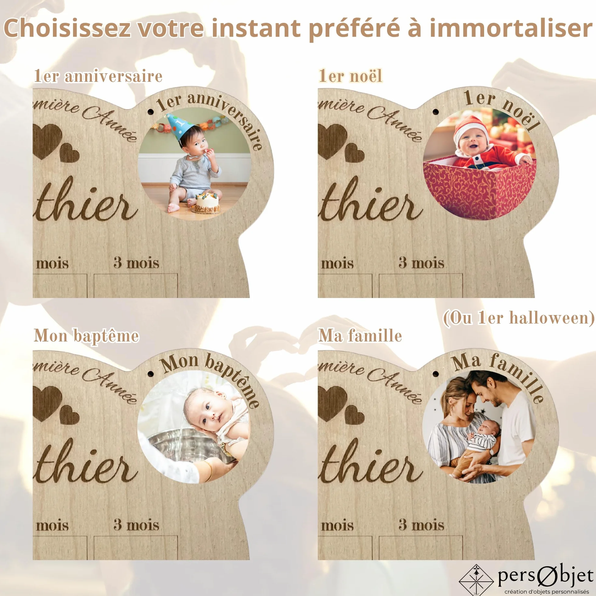Cadre Photos Pêle-Mêle Ours en Bois Personnalisé - Souvenirs Première Année Bébé - Cadeau Naissance Baptême Décoration Chambre Enfant
