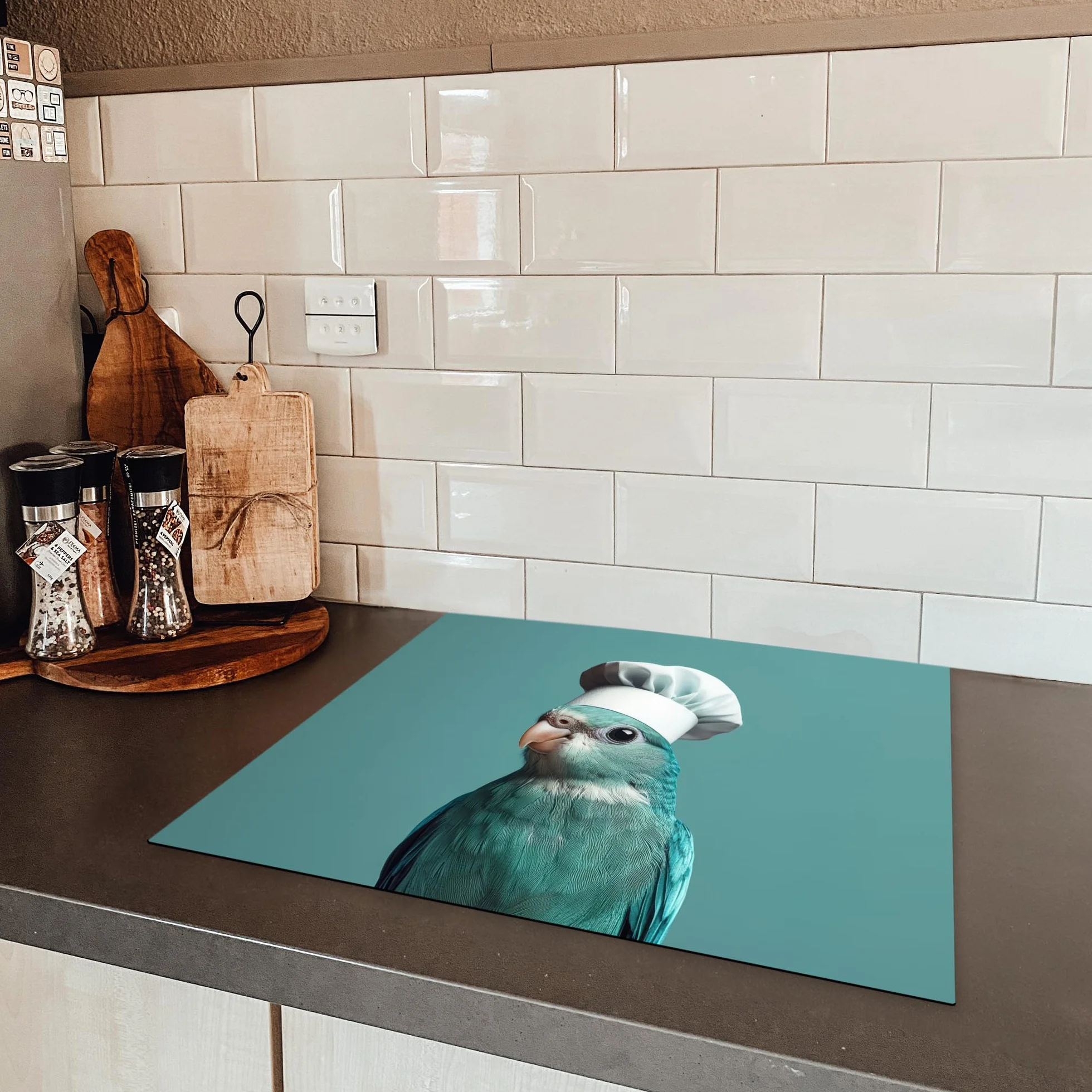 KitchenYeah Protection Plaque Induction 59x52 cm Protege Cuisine Cache Protège Cuisson Accessoires Perruche Oiseau Toque Chef Mignon