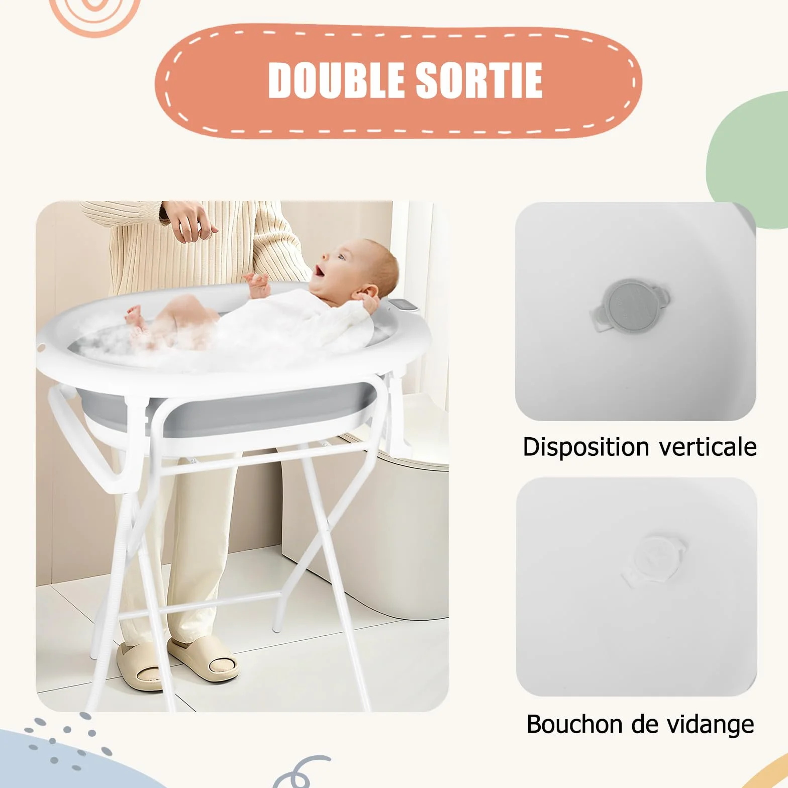 Baignoire Bébé Pliable Sur Pied XXL avec Support, Thermomètre 2.0, Siège et Kit de Drainage