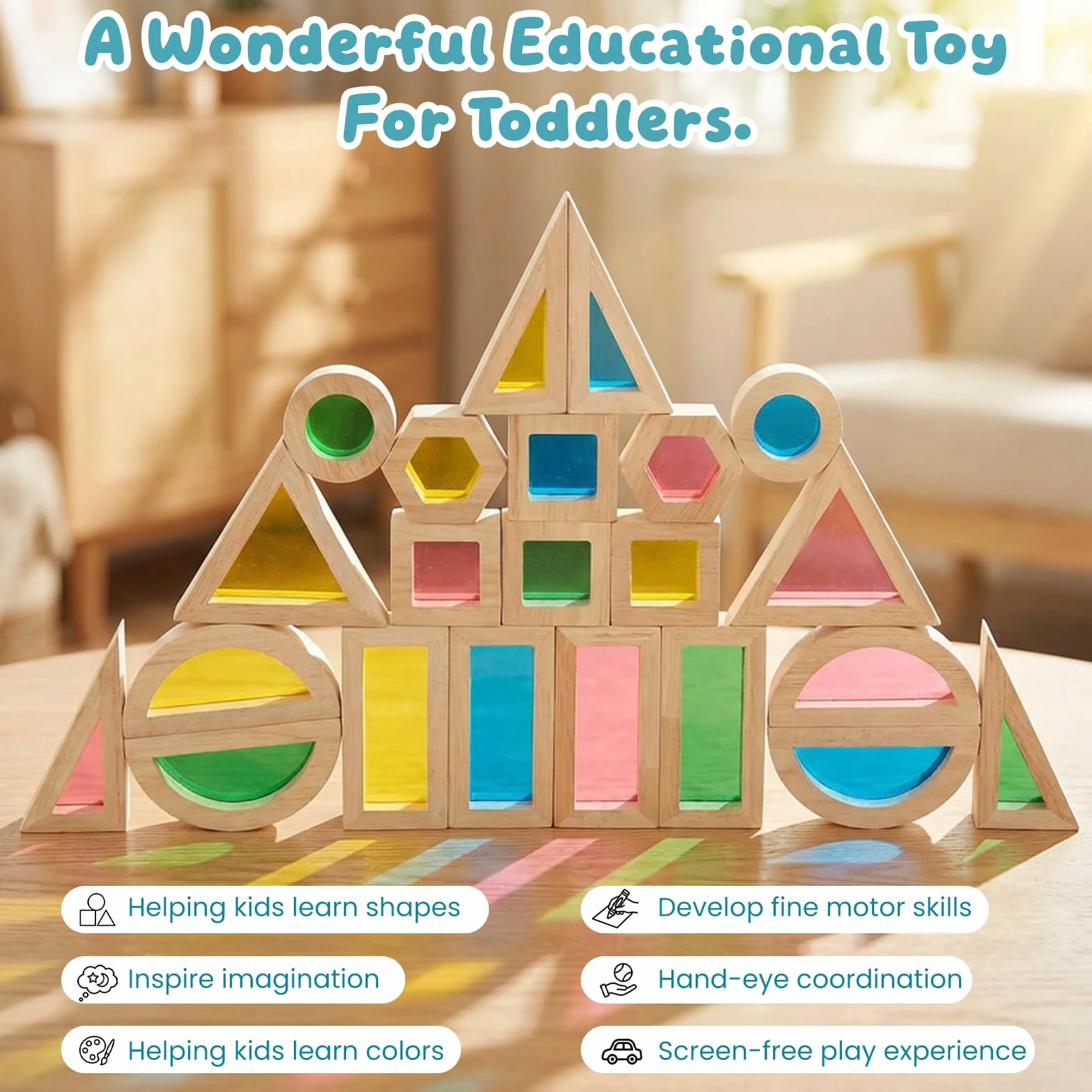 WOODENFEN 32 Pièces Blocs de Construction Arc en Ciel Acryliques Montessori Jouet pour Enfants en Bois