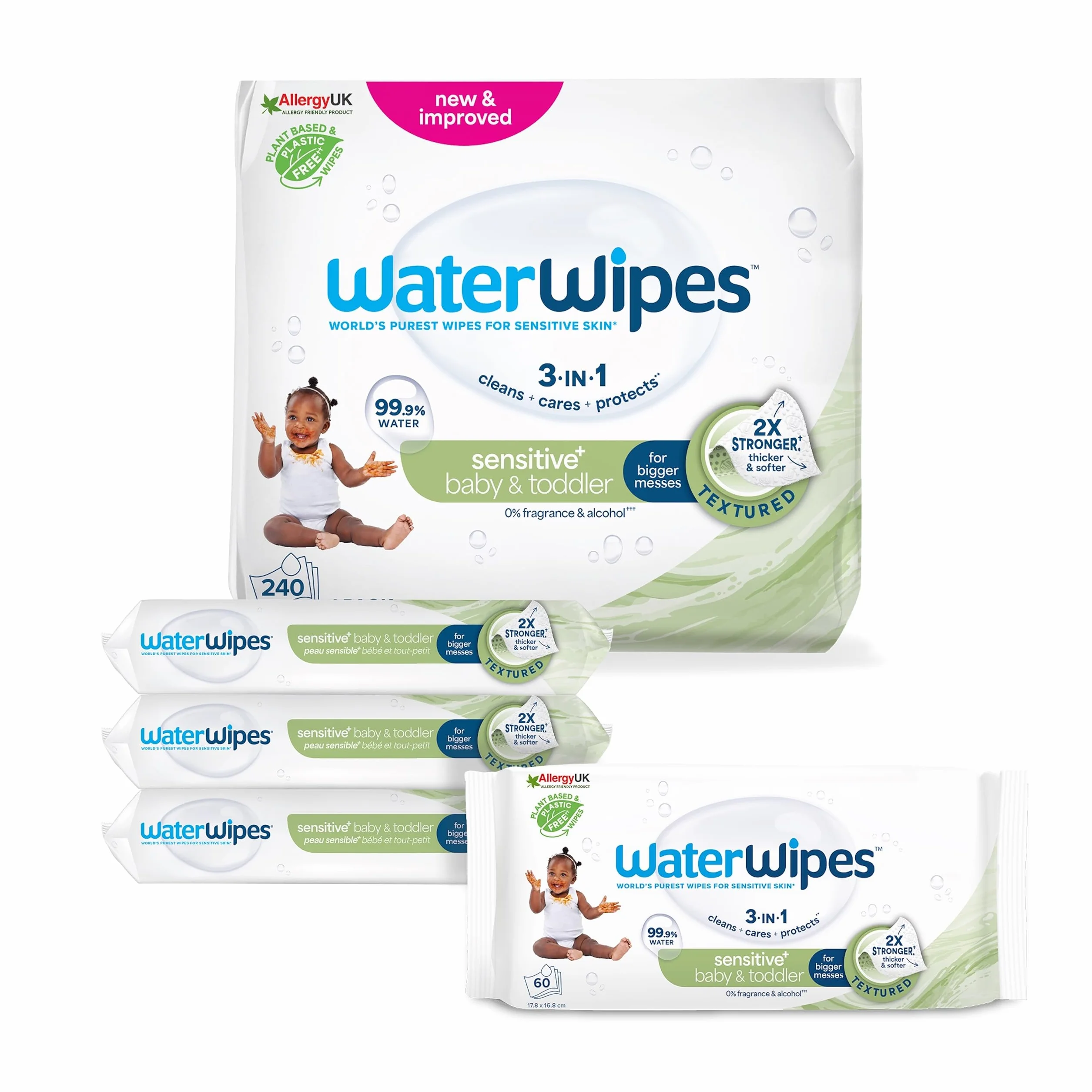 WaterWipes Sensitive+ Lingettes Bébé 240 unités (4 paquets) 99,9% d'eau Textured Clean non parfumées