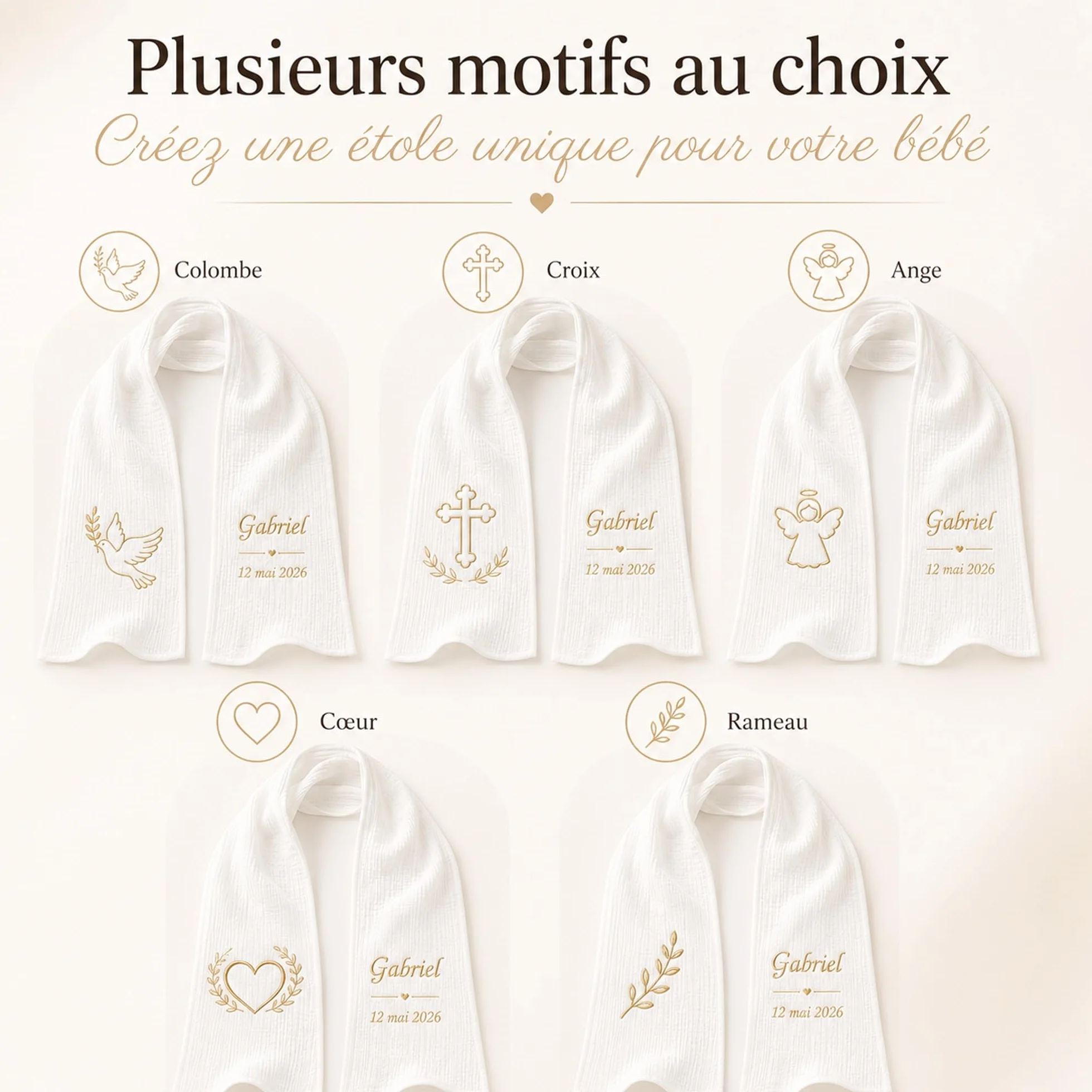 Écharpe de Baptême Personnalisée Bébé Double Gaze de Coton Brodée Prénom Date Blanche Douce Légère Cadeau Coffret