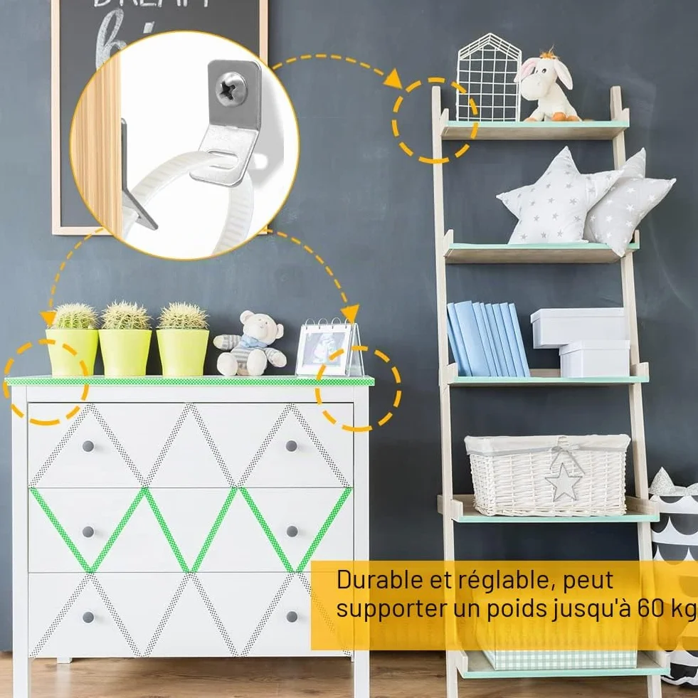 Kit de Protection Anti-basculement pour Meubles, 6 Sangles de Sécurité avec Ancrages Muraux