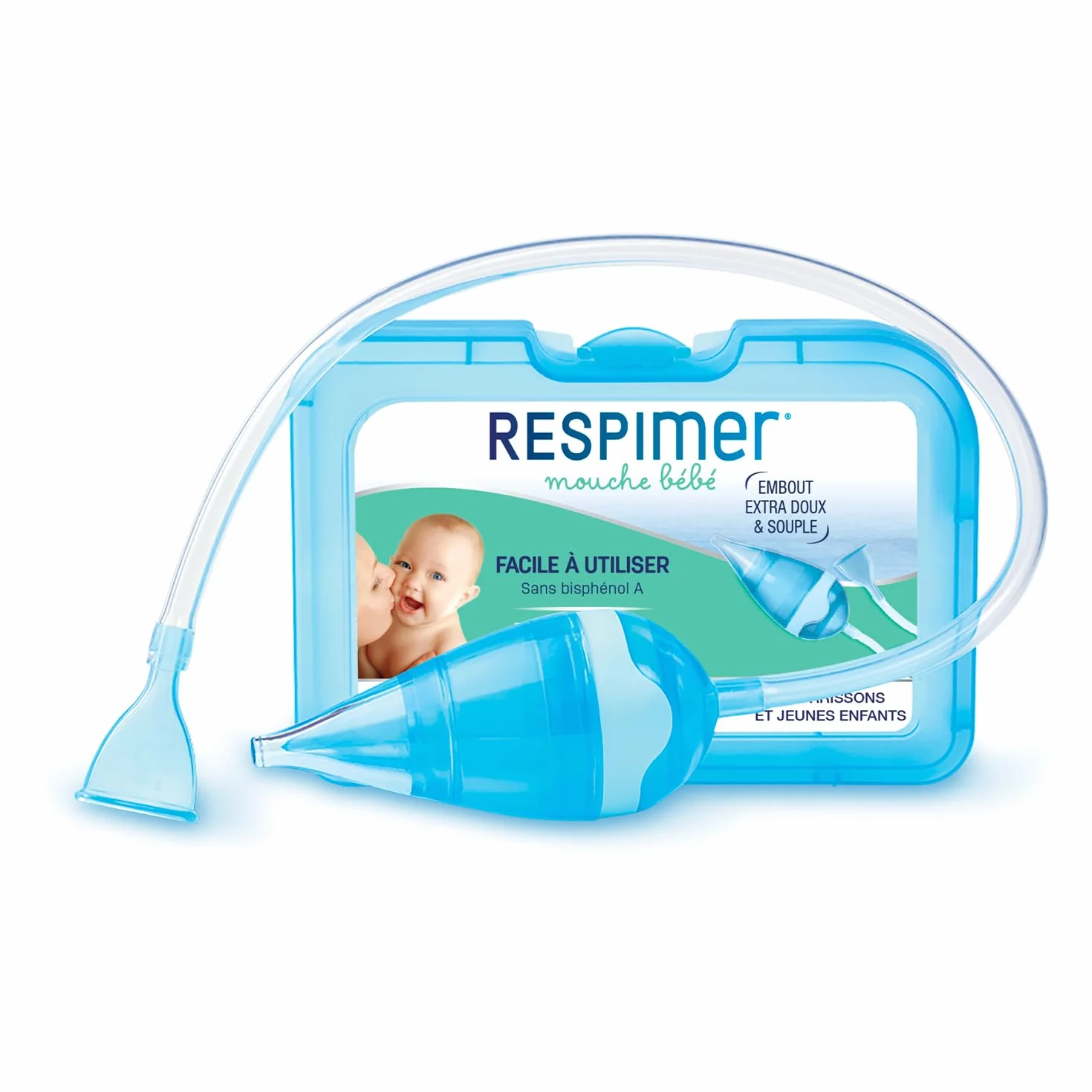 RESPIMER Mouche Bébé - Evacuer l'excès de mucus - Rhume & Rhynopharyngite - Nourrissons et jeunes enfants - Sans Bisphénol A - 5 Filtres jetables hygiéniques - Fabriqué en France