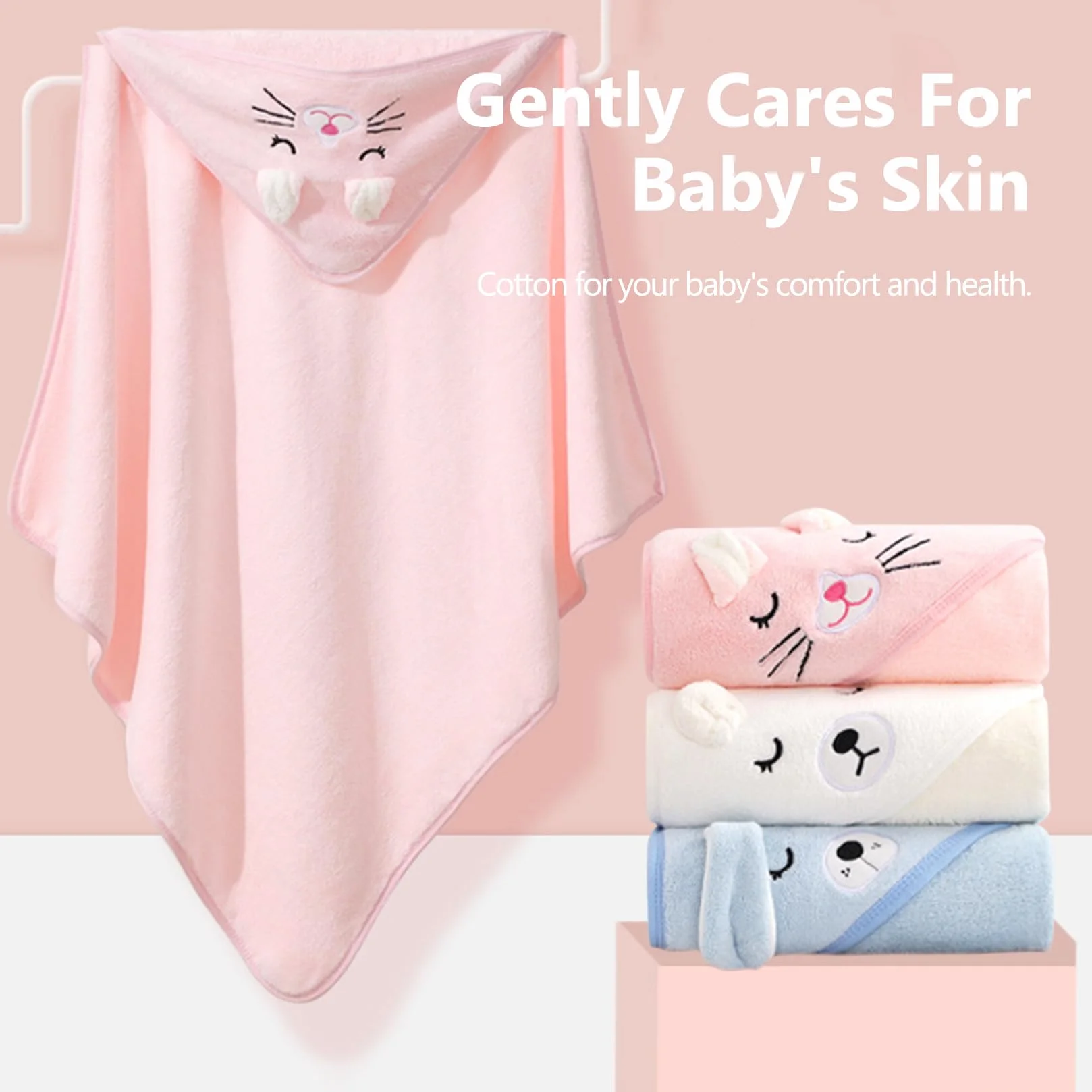 Serviette de Bain Bébé 3 Pièces 80x80cm Douce Absorption Forte Lavable Machine 0-5 Ans