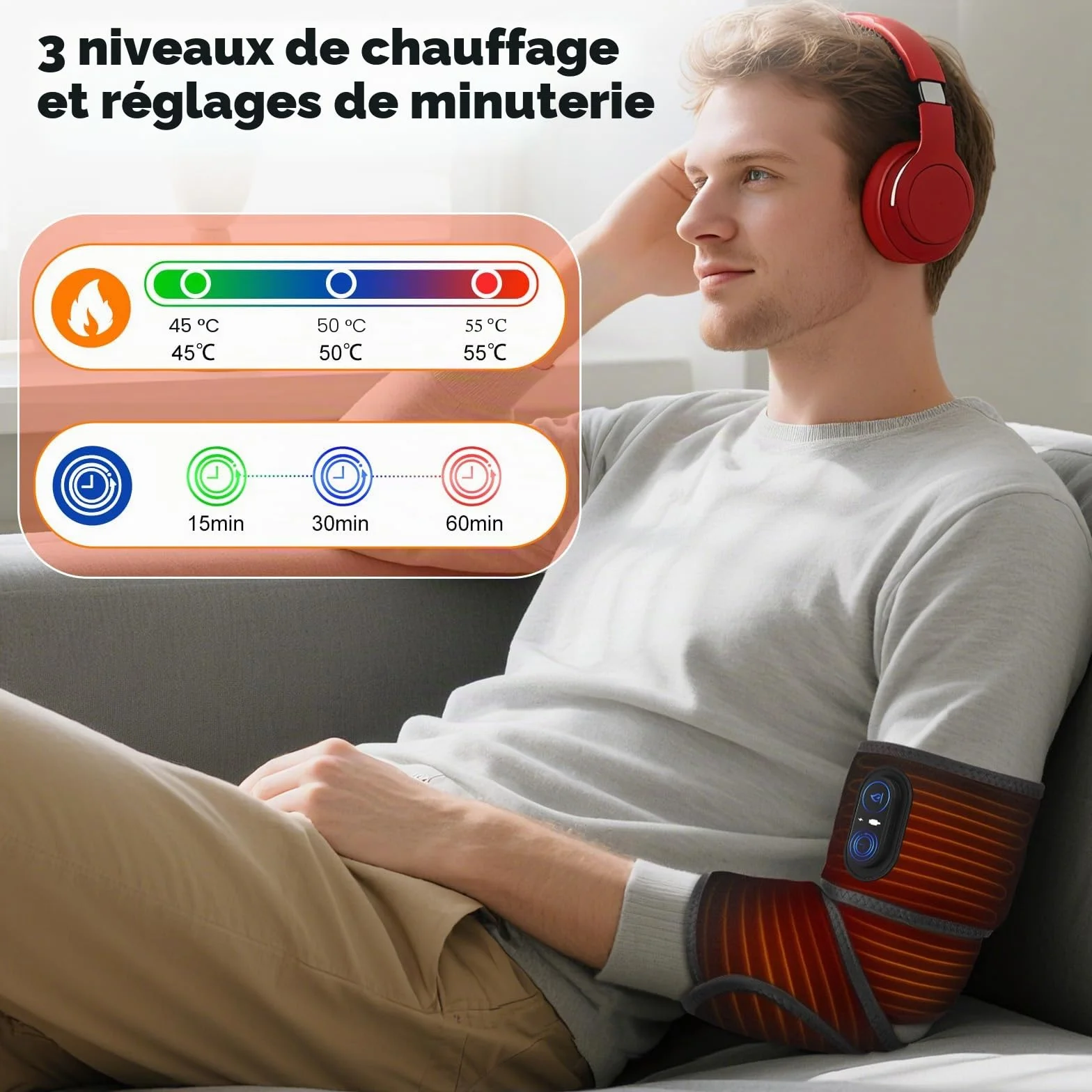 Coussin chauffant sans fil pour bras coude jambe 5000 mAh chauffage rapide 3 réglages chaleur durée