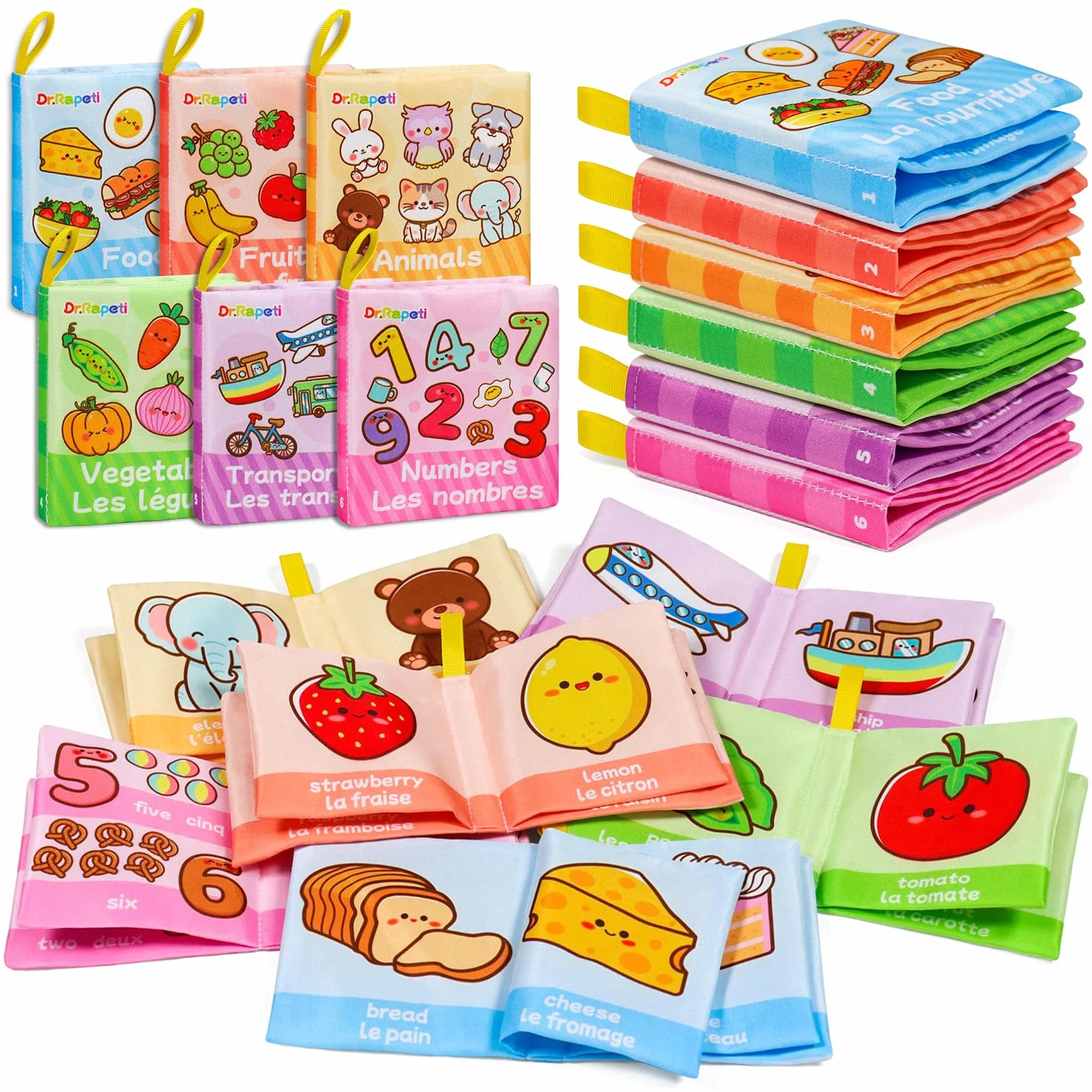 Dr.Rapeti Lot de 6 Livre Bebe en Tissu Doux Français, Livres d'Éveil, Jouet Éducatif Sonore, Livre Sensoriel