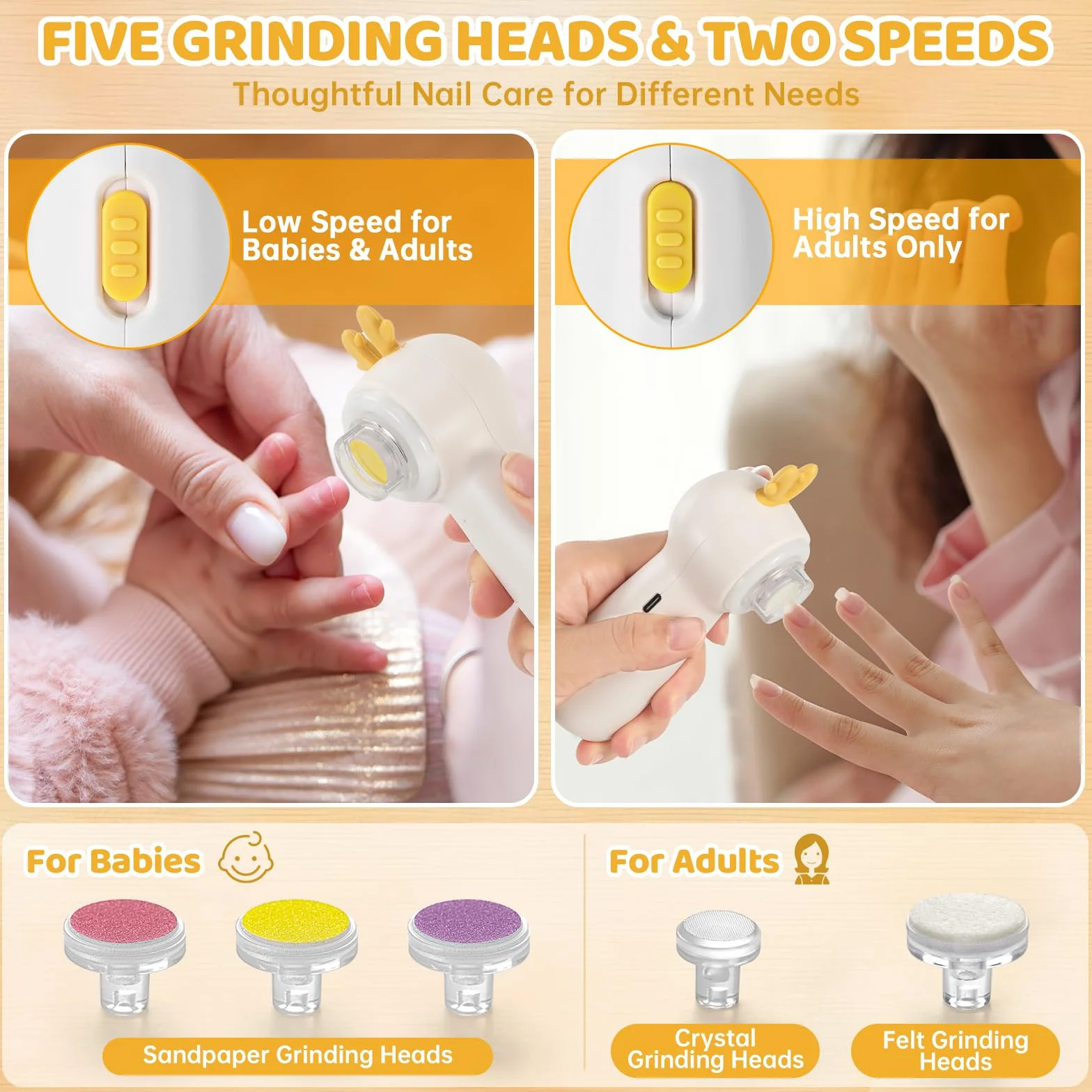 Lime à Ongle Électrique Bébé Rechargeable avec Coupe Ongle, 5 Têtes de Ponçage, Illuminé, Faible Bruit