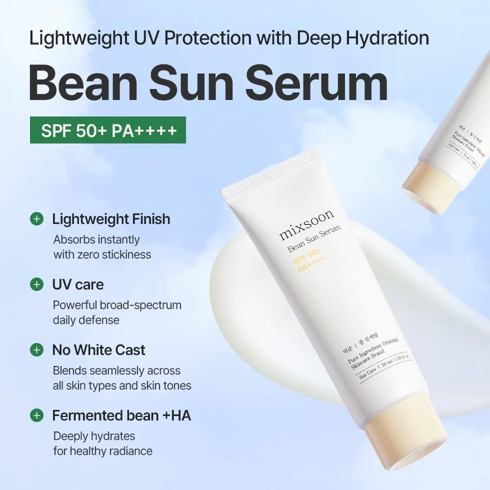 mixsoon Bean Sun Serum SPF 50+ PA++++, Sérum Solaire Coréen, Protection UV Hydratante, Niacinamide, Acide Hyaluronique & Soja Fermenté, 50ml