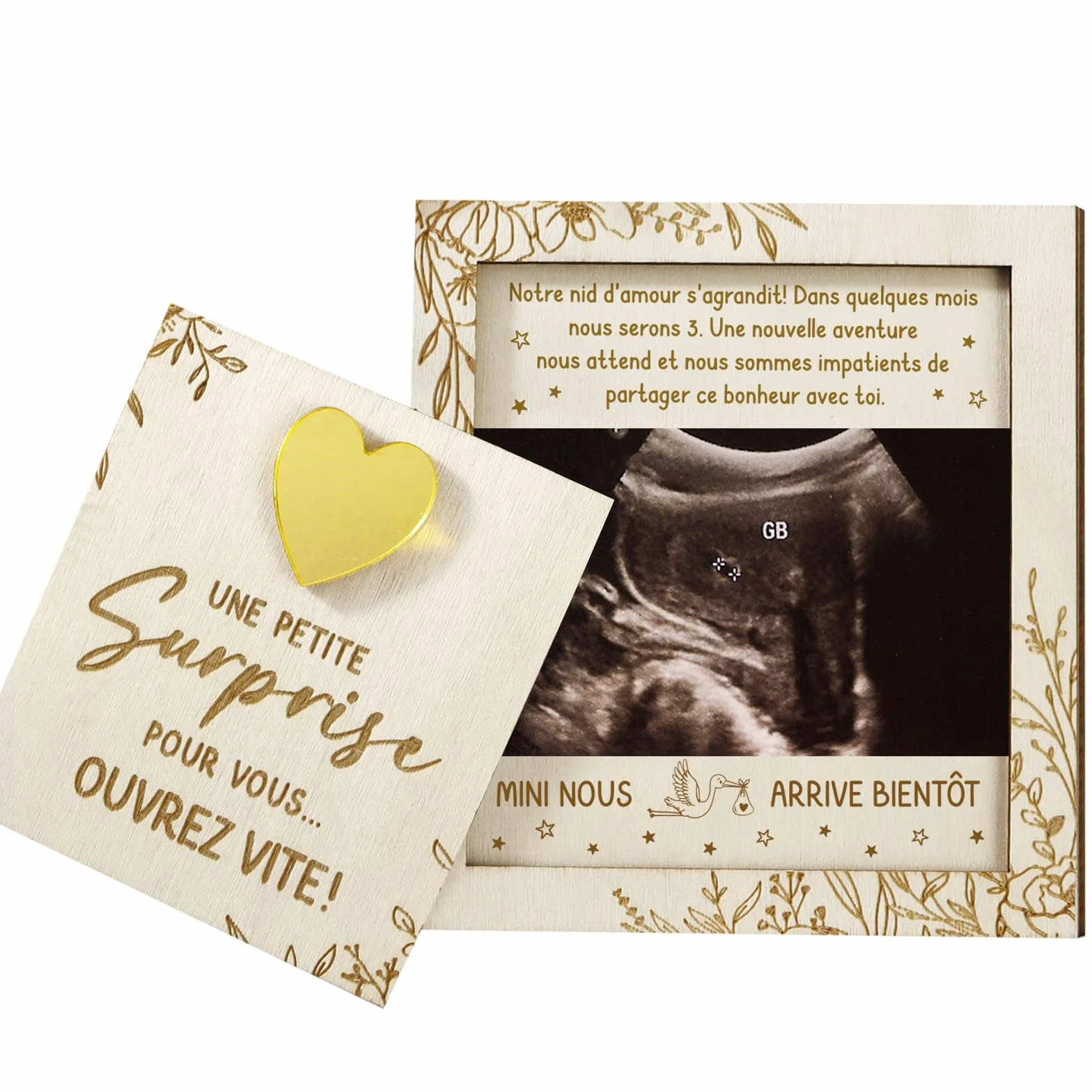 Carte Annonce Grossesse en Bois avec Cœur Doré pour TATA Mamie Tante Grands-parents